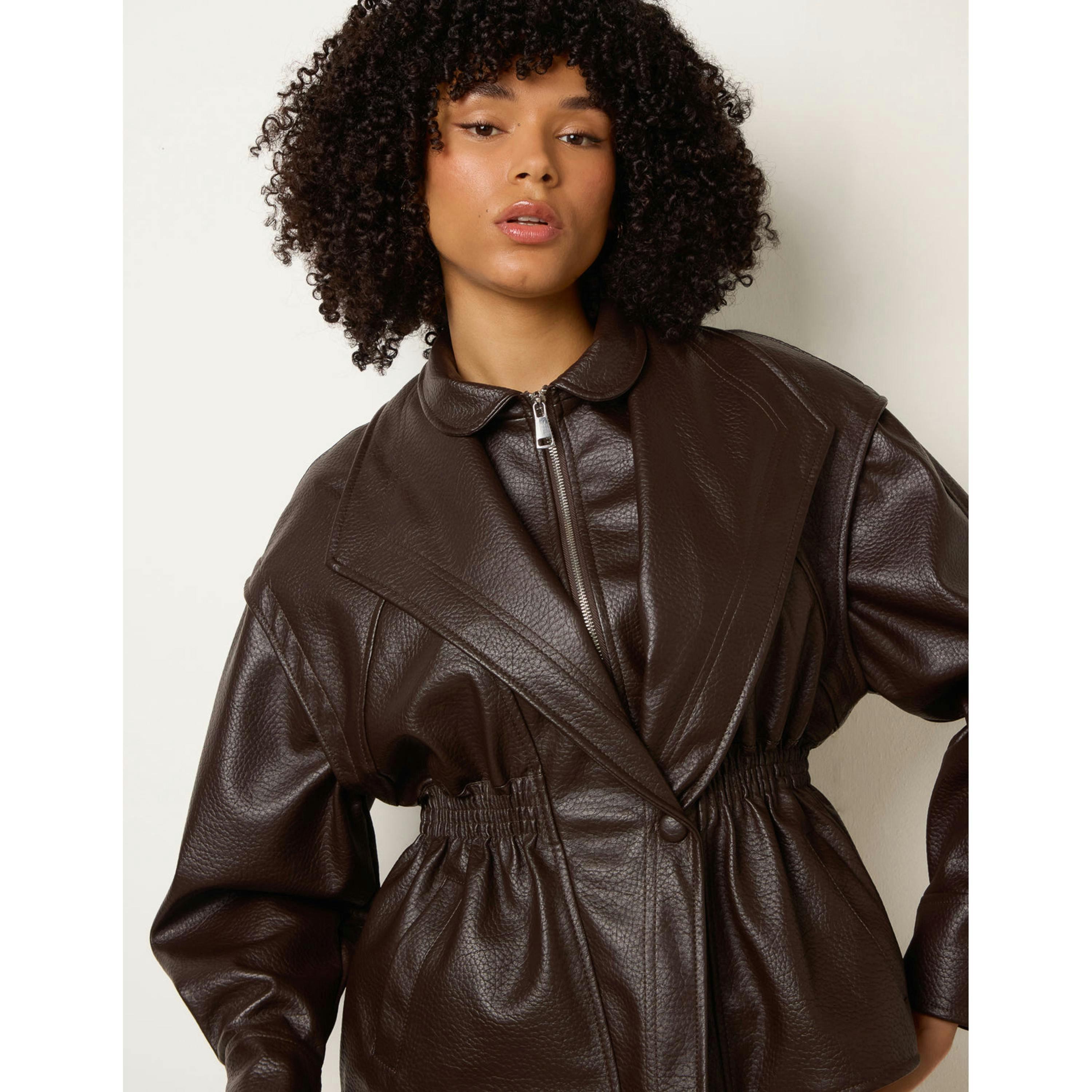 Blue Vanilla Collared Shirred Waist Faux Leather Jacket  in Brown , view 3 of 4