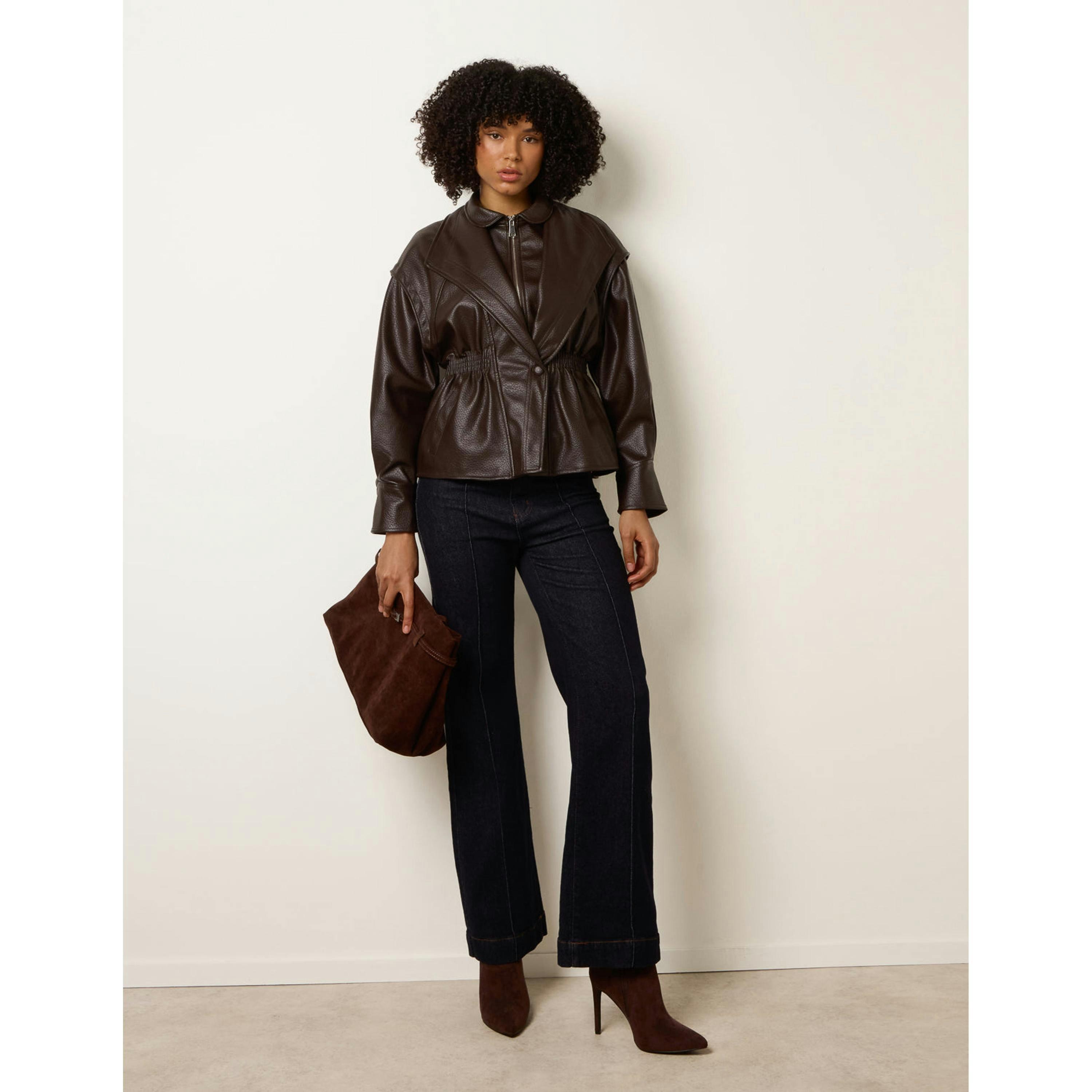 Blue Vanilla Collared Shirred Waist Faux Leather Jacket  in Brown , view 4 of 4