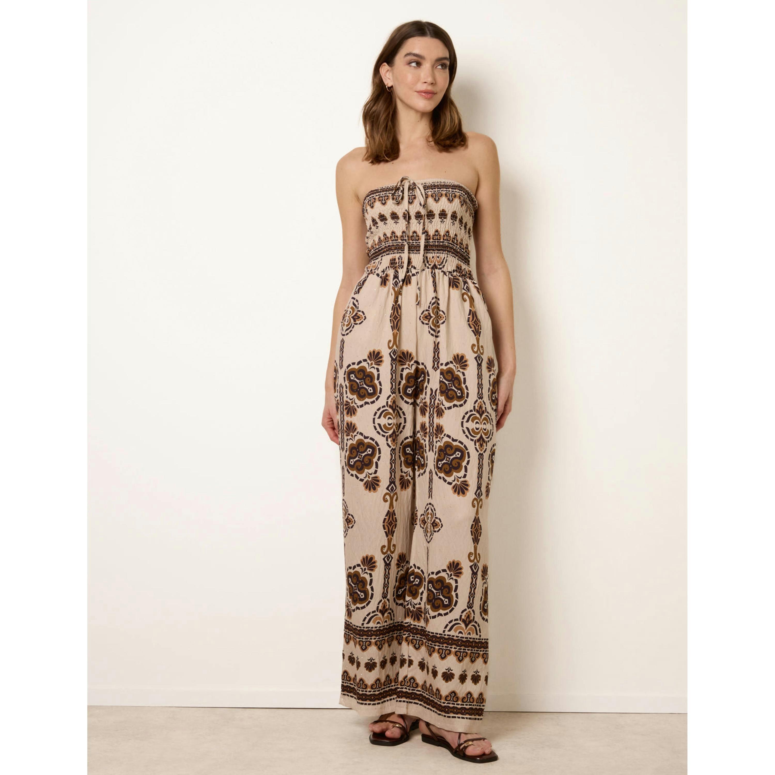 Blue Vanilla Tribal Print Bardot Tie Neck Jumpsuit  in Brown , view 1 of 6