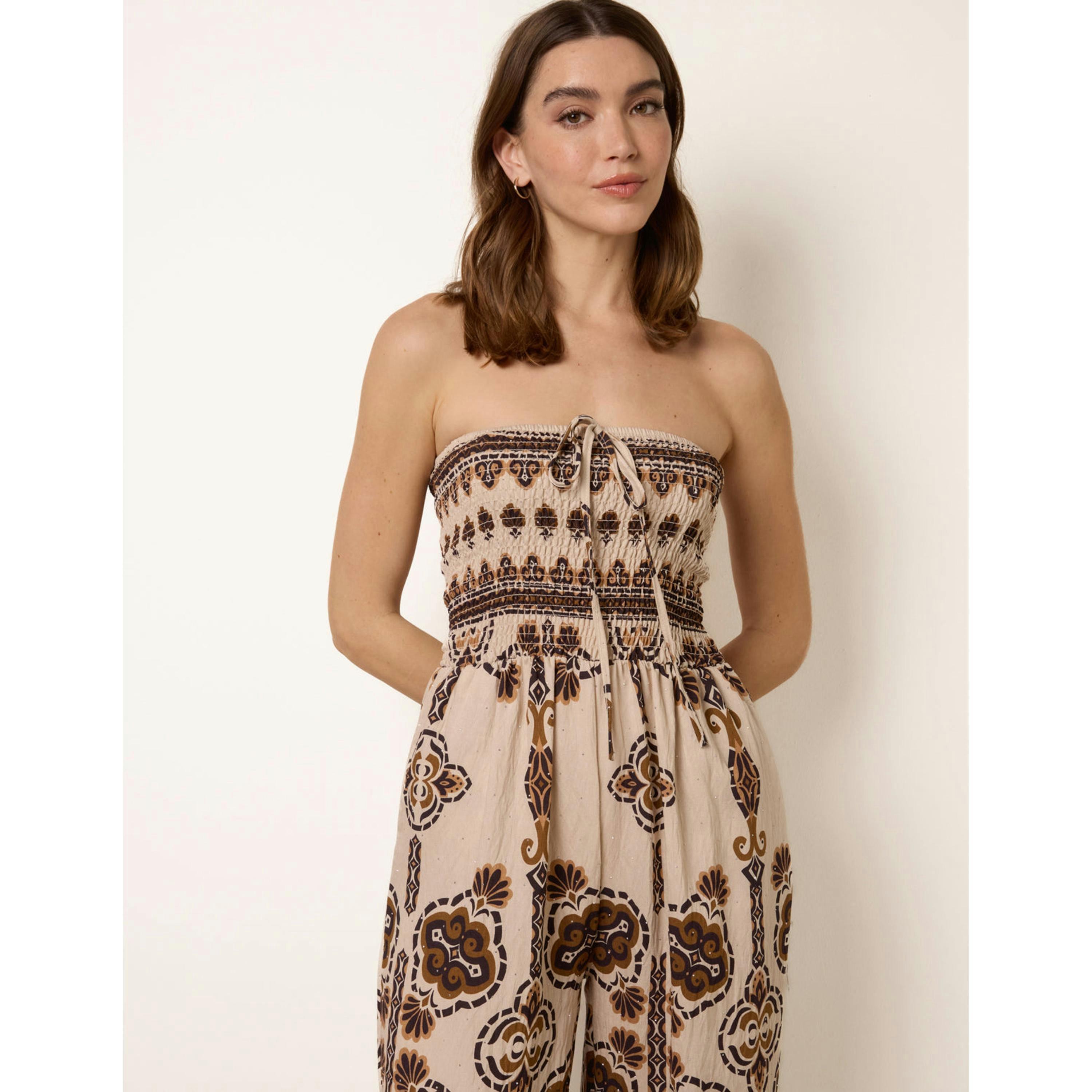 Blue Vanilla Tribal Print Bardot Tie Neck Jumpsuit  in Brown , view 3 of 6