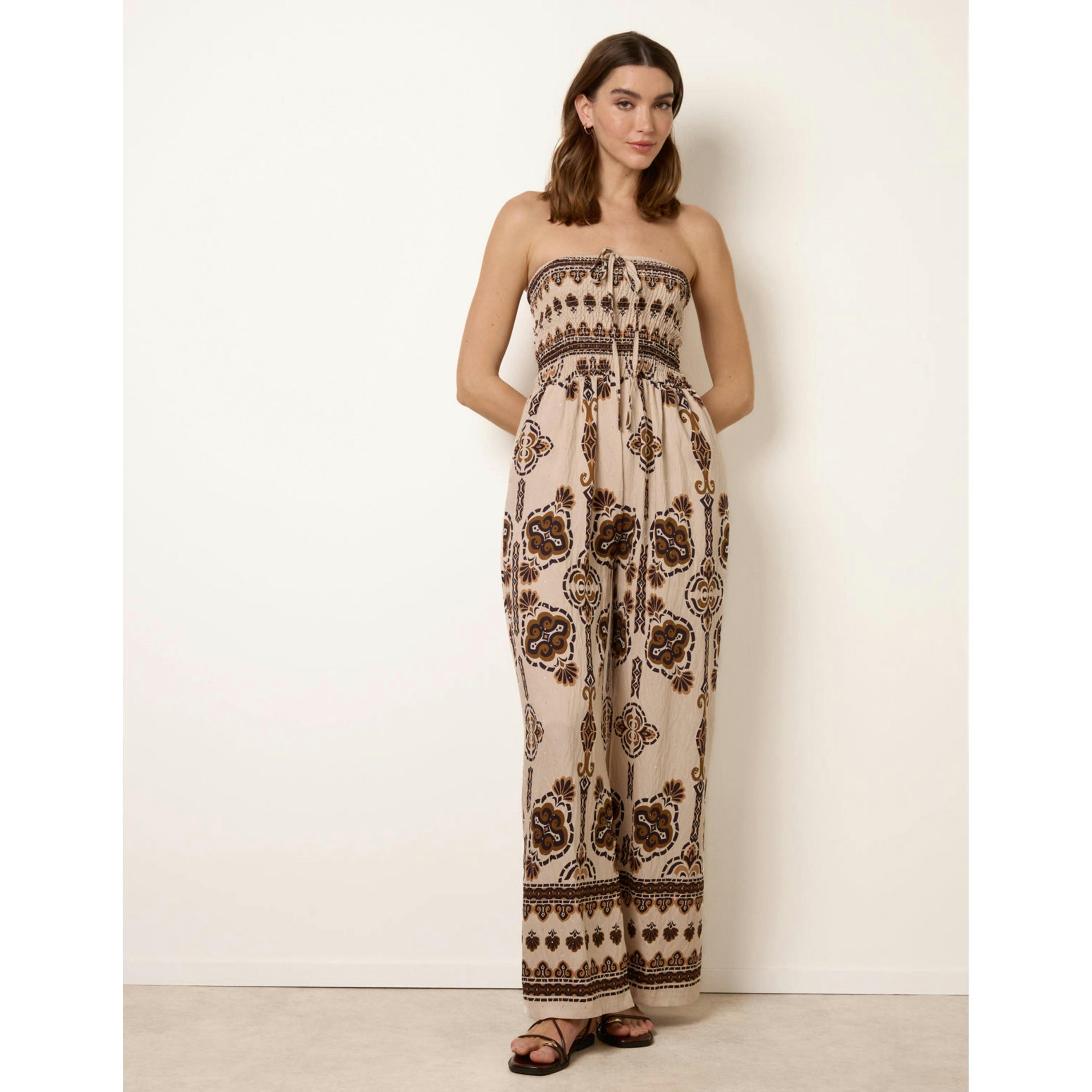 Blue Vanilla Tribal Print Bardot Tie Neck Jumpsuit  in Brown , view 4 of 6