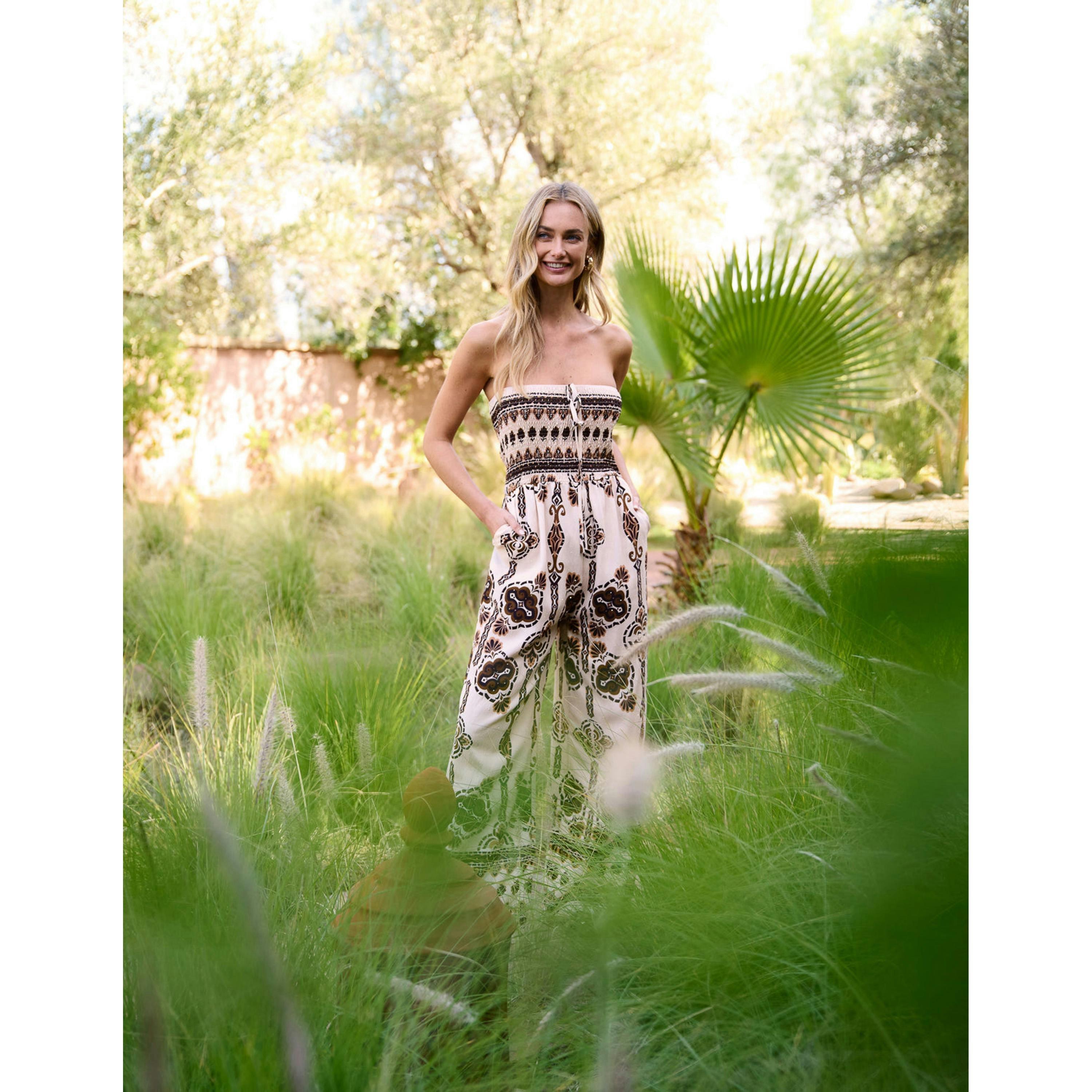 Blue Vanilla Tribal Print Bardot Tie Neck Jumpsuit  in Brown , view 6 of 6