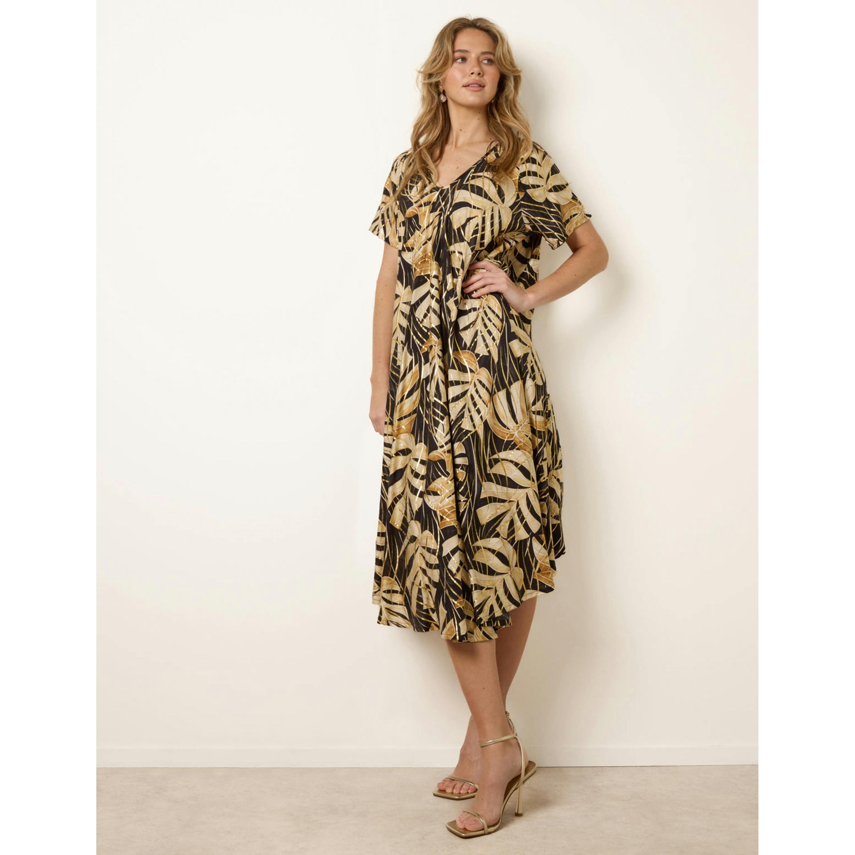 Blue Vanilla Topical Print Kimono Style Oversized Dress  in Black , view 1 of 4
