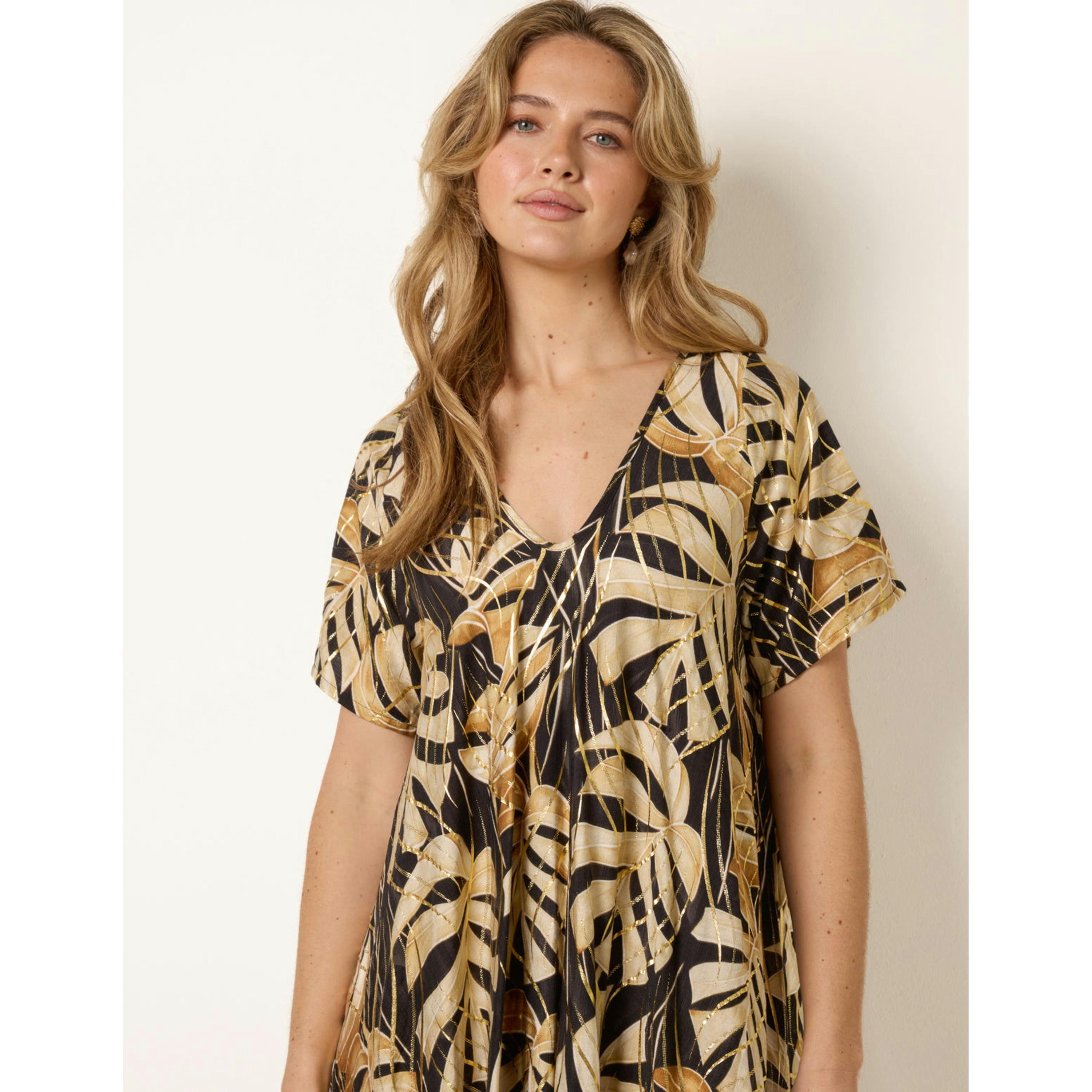 Blue Vanilla Topical Print Kimono Style Oversized Dress  in Black , view 3 of 4