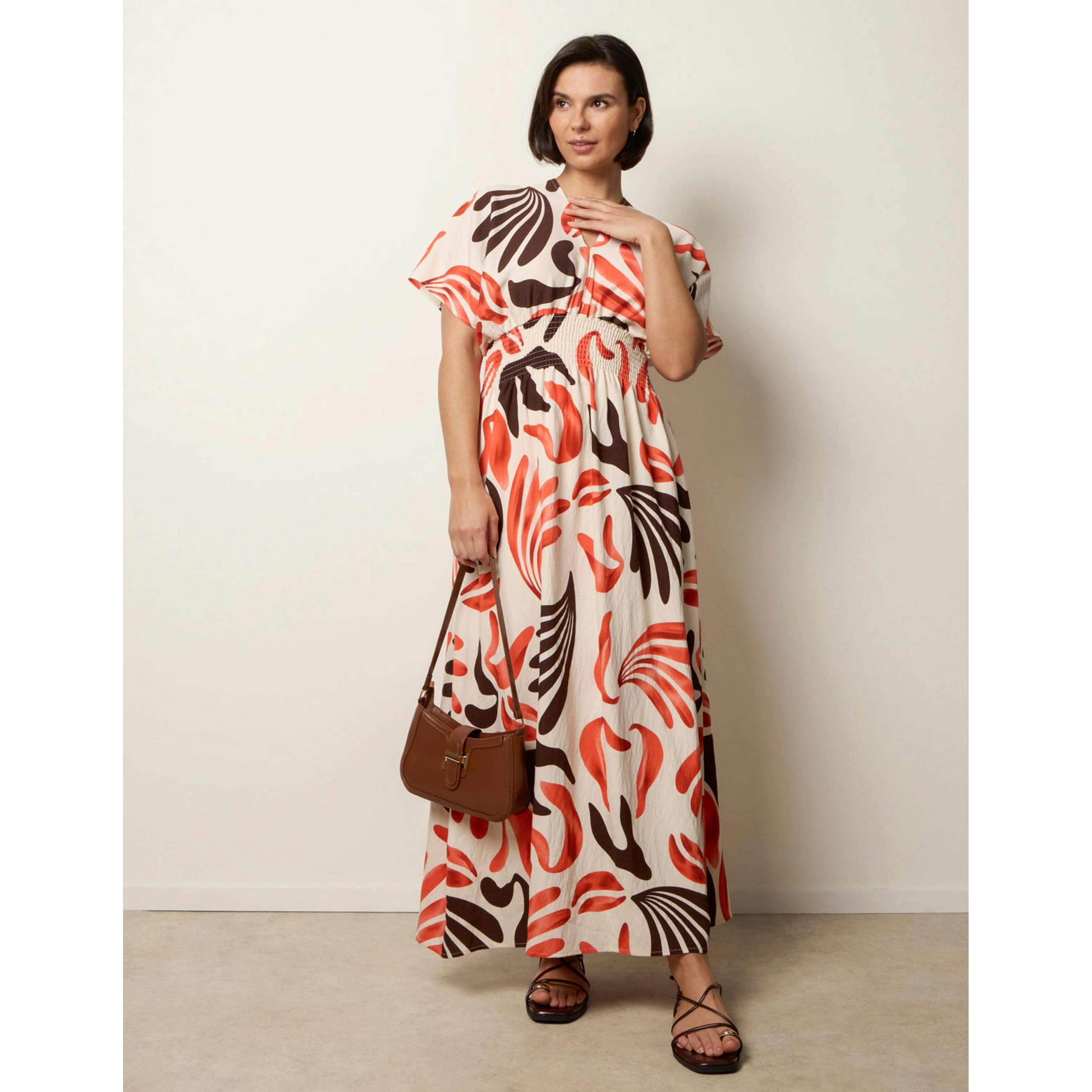 Blue Vanilla V Neck Abstract Leaf Print Dress   in  Orange , view 1 of 4