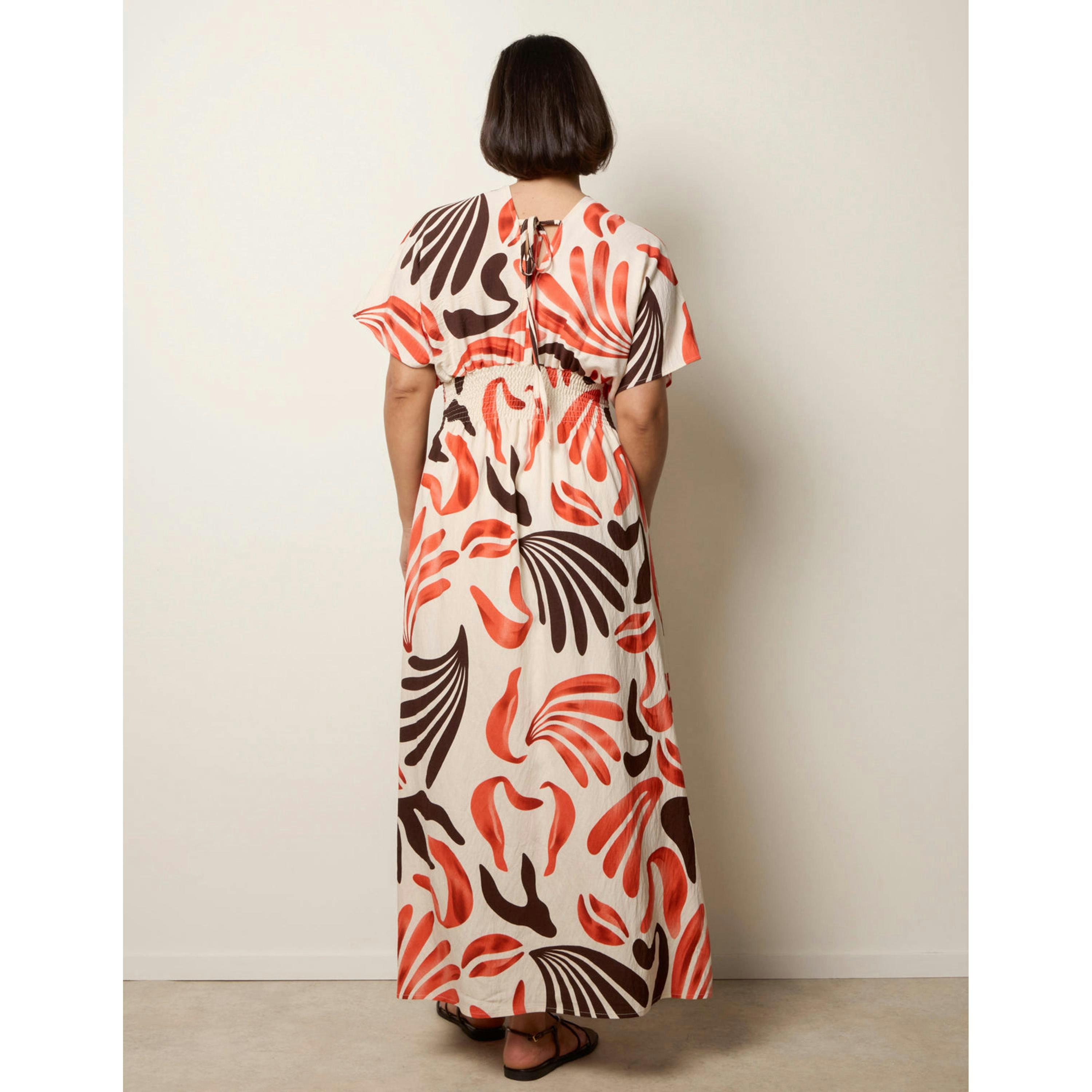 Blue Vanilla V Neck Abstract Leaf Print Dress  in Orange , view 2 of 6