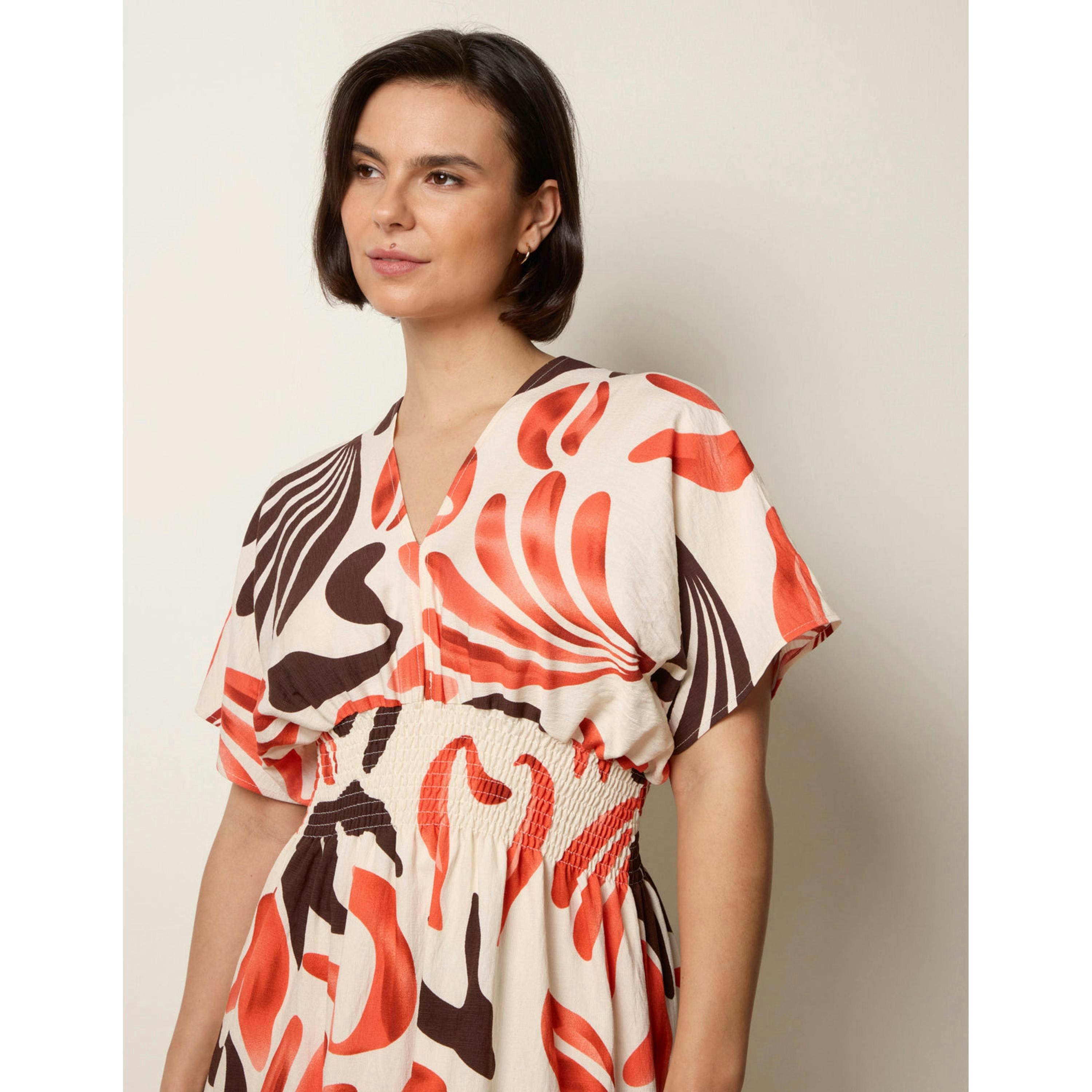 Blue Vanilla V Neck Abstract Leaf Print Dress  in Orange , view 3 of 6