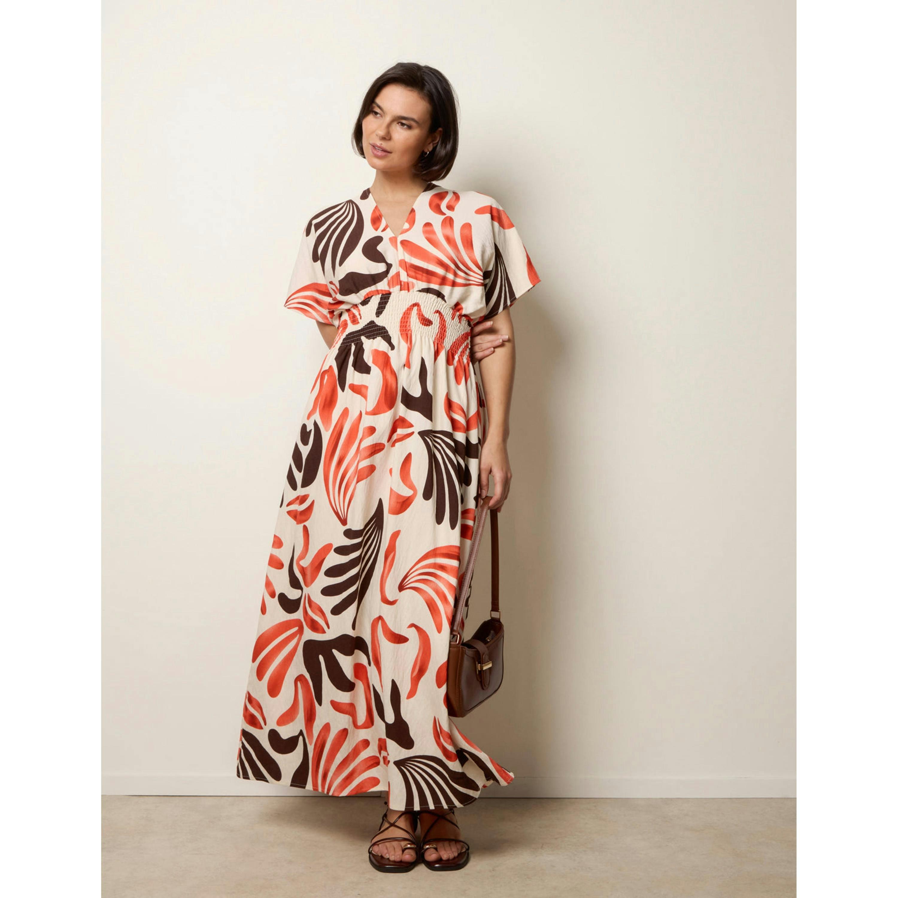 Blue Vanilla V Neck Abstract Leaf Print Dress  in Orange , view 4 of 6