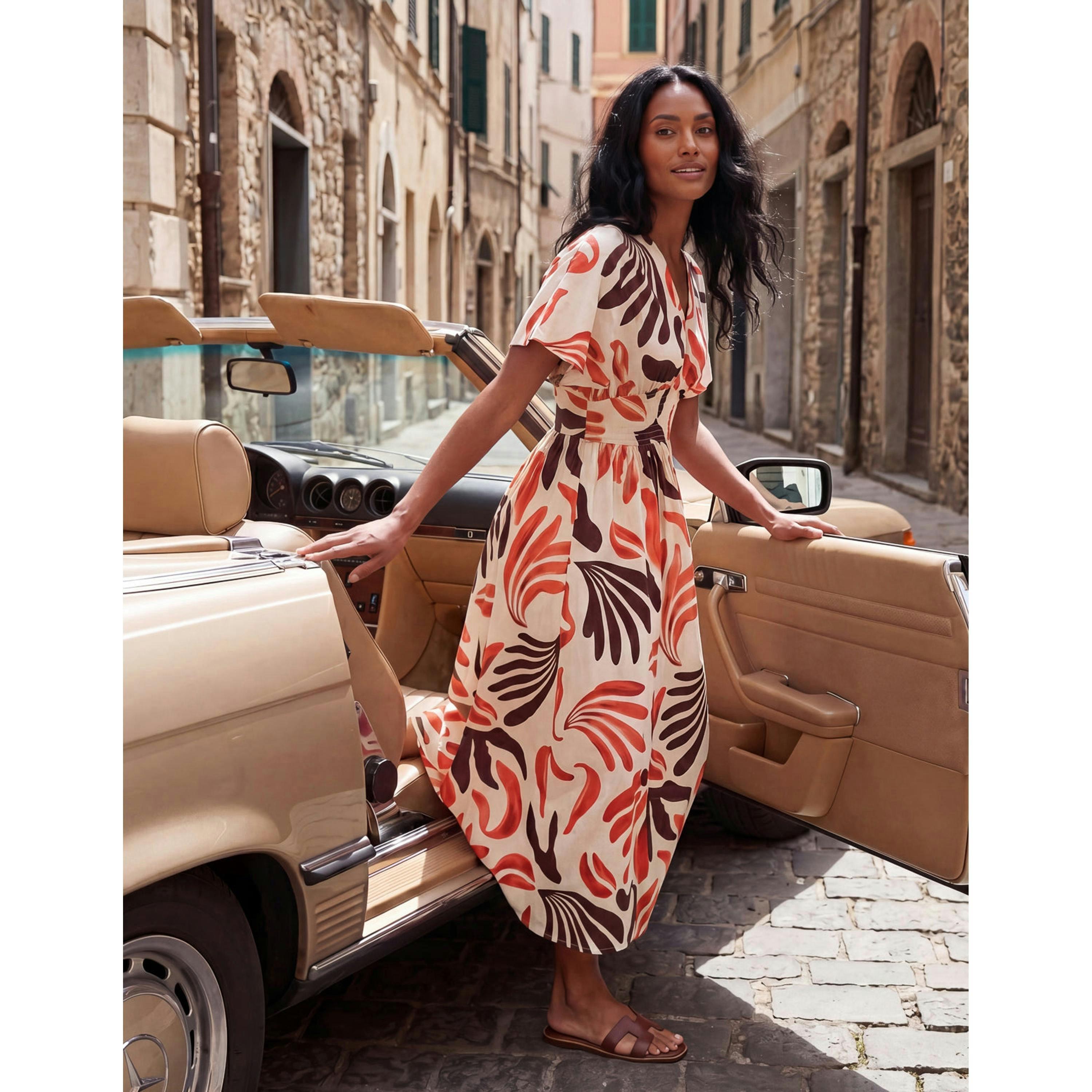 Blue Vanilla V Neck Abstract Leaf Print Dress  in Orange , view 5 of 6