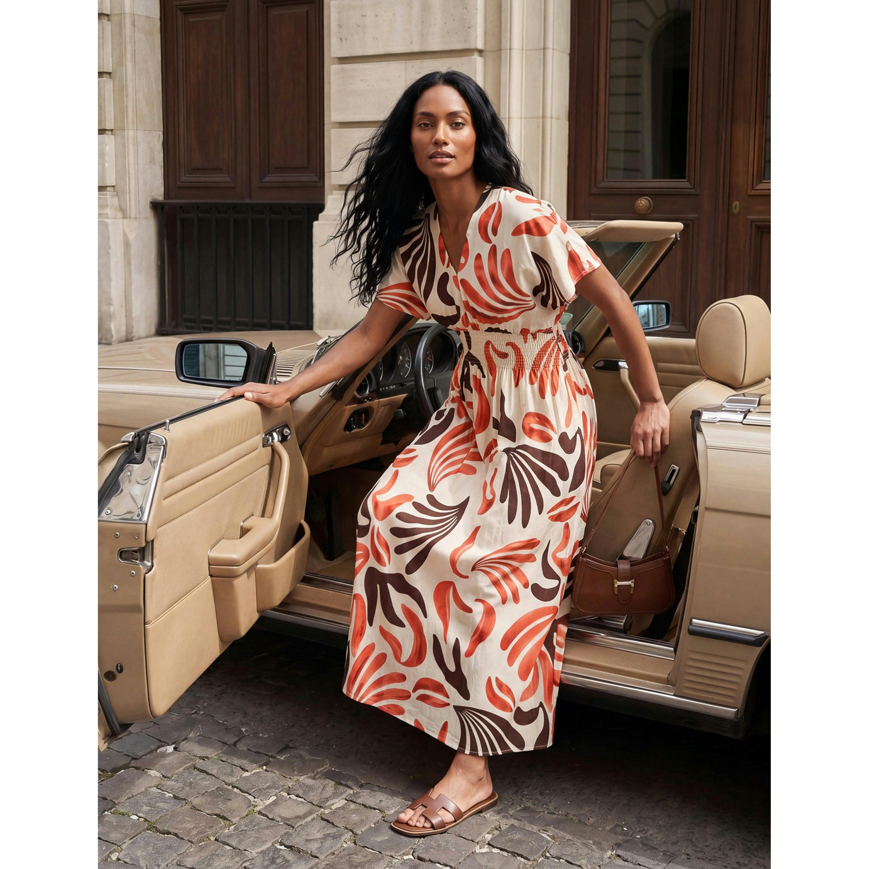 Blue Vanilla V Neck Abstract Leaf Print Dress  in Orange , view 6 of 6