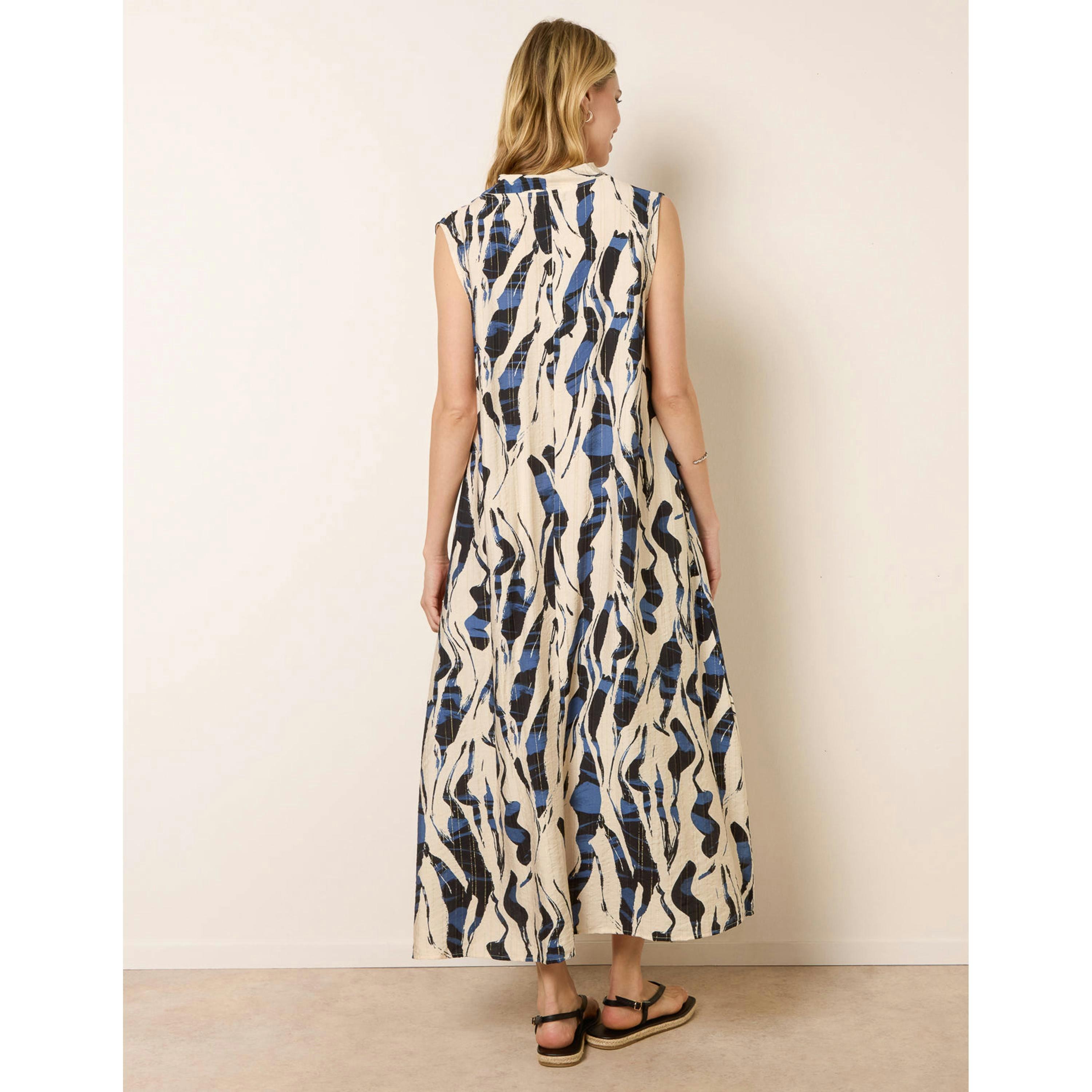 Blue Vanilla Metallic Abstract Printed Collarless V Neck Dress  in Blue , view 2 of 4