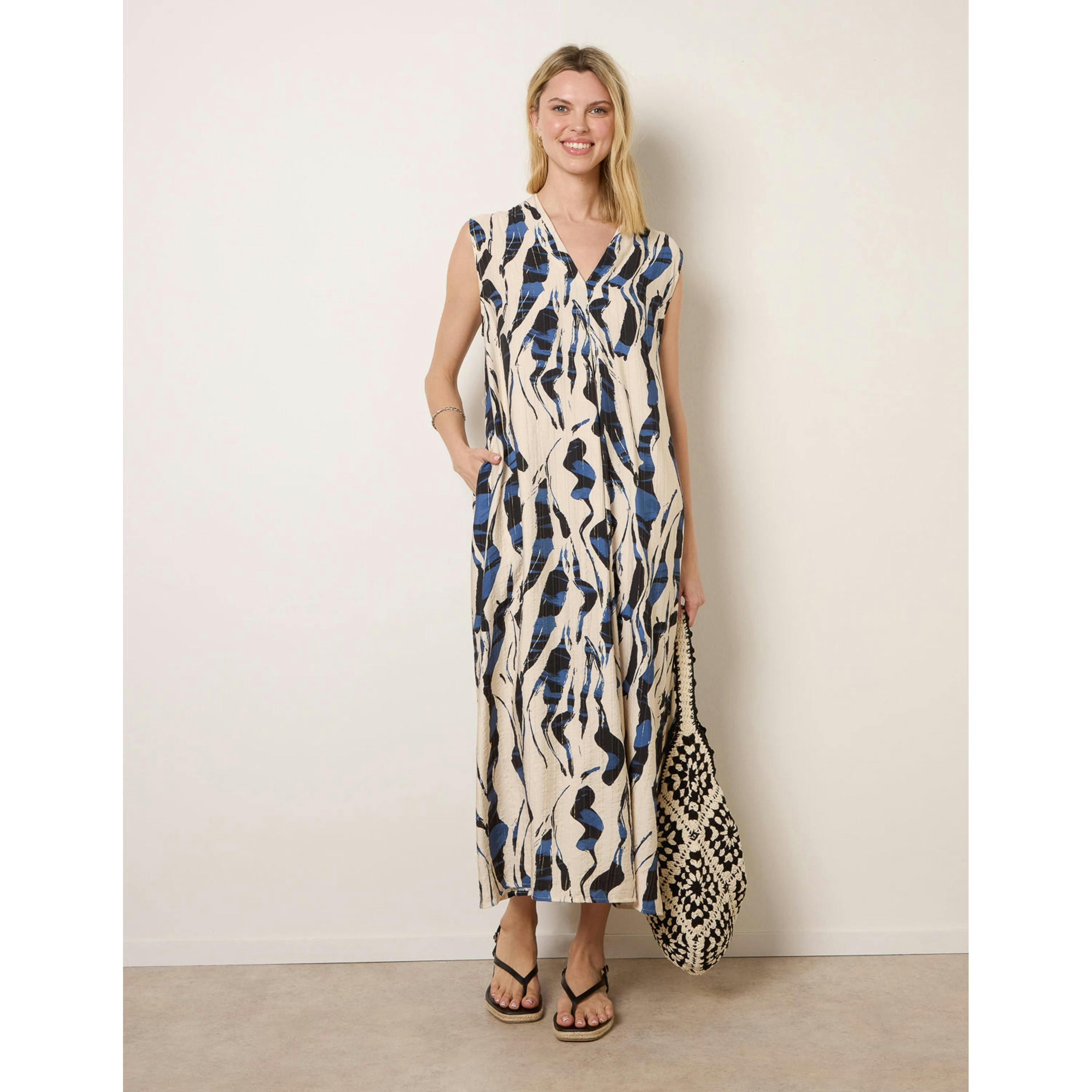 Blue Vanilla Metallic Abstract Printed Collarless V Neck Dress  in Blue , view 3 of 4