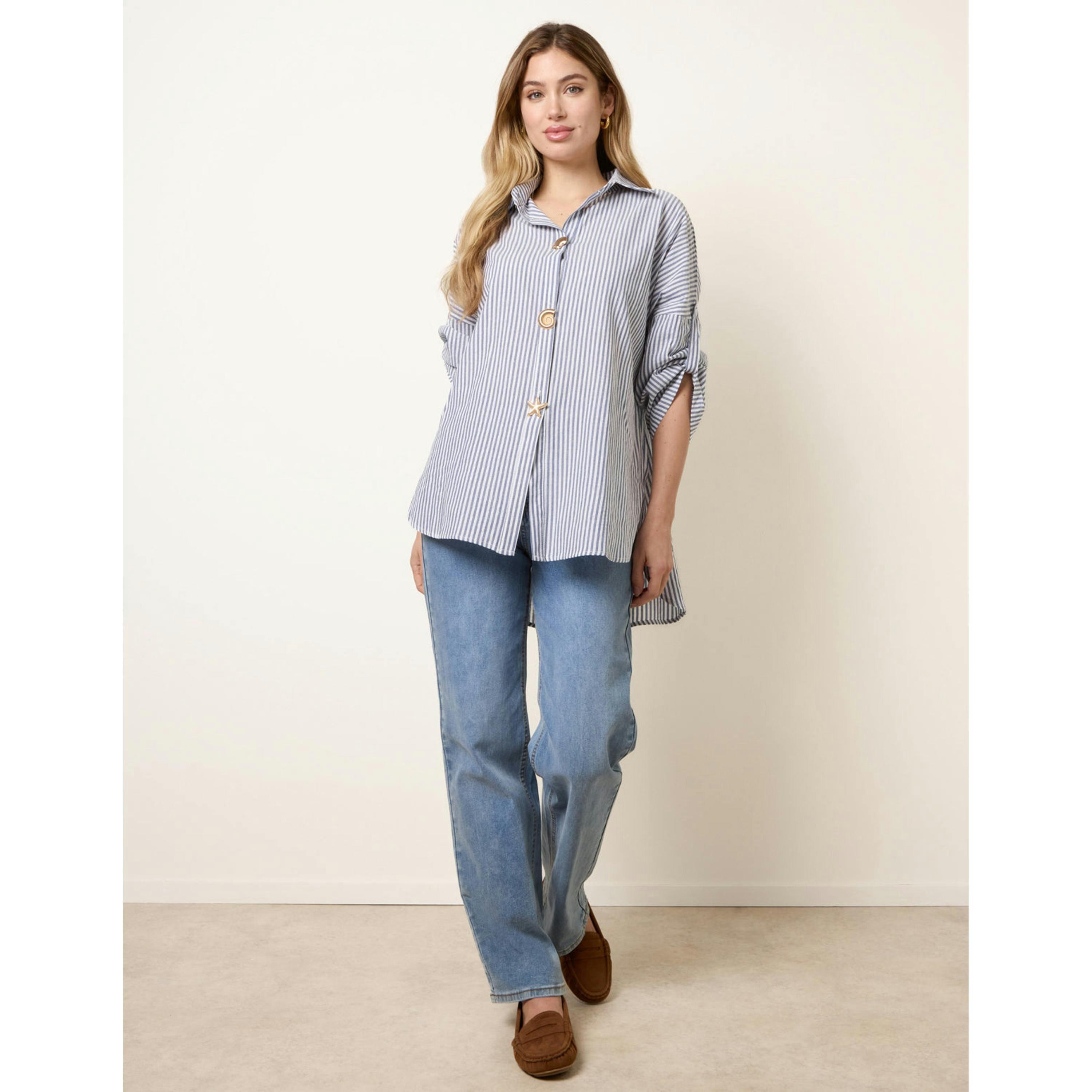 Blue Vanilla Gold Shell Button Front Stripe Shirt  in Blue , view 1 of 4