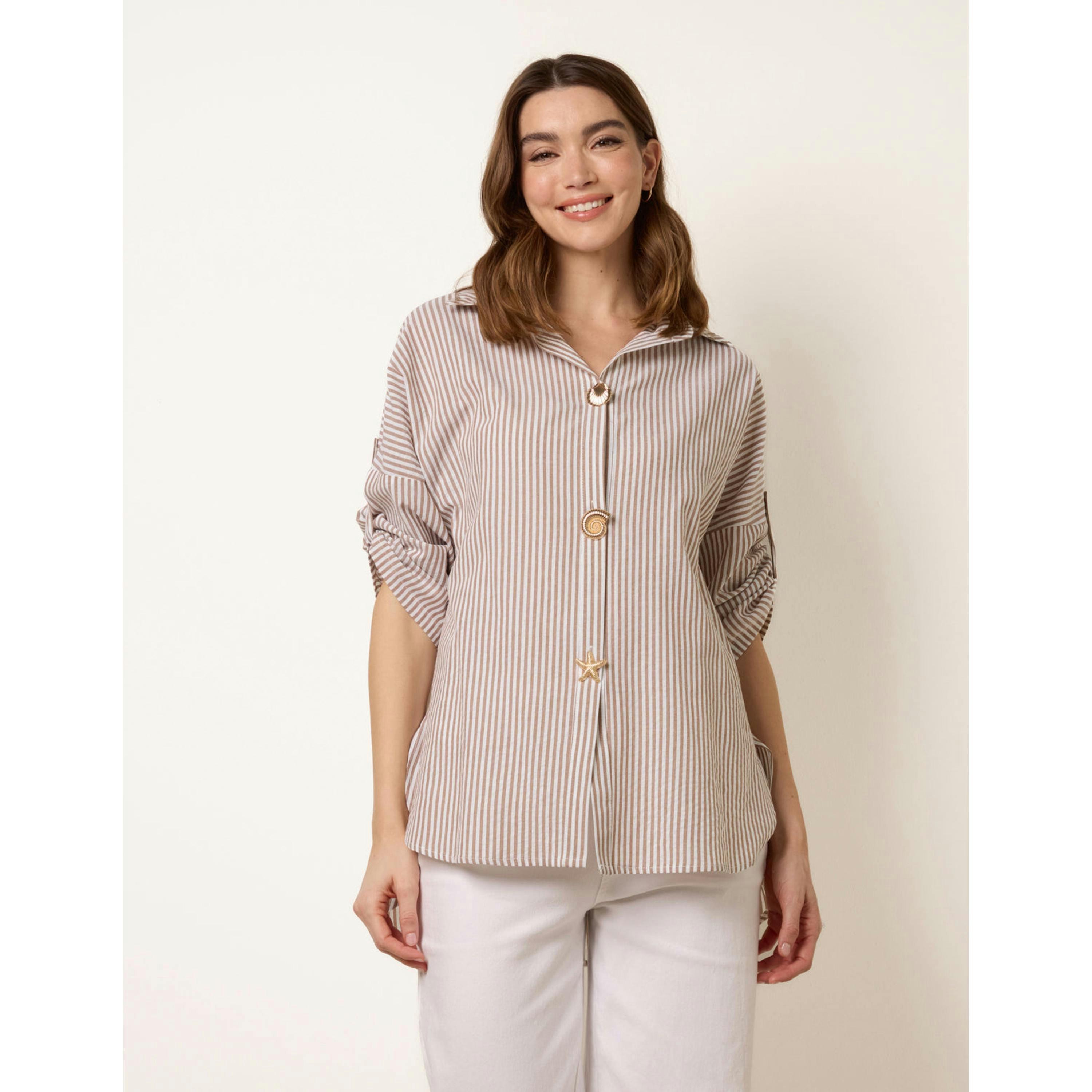 Blue Vanilla Gold Shell Button Front Stripe Shirt  in Beige , view 1 of 4