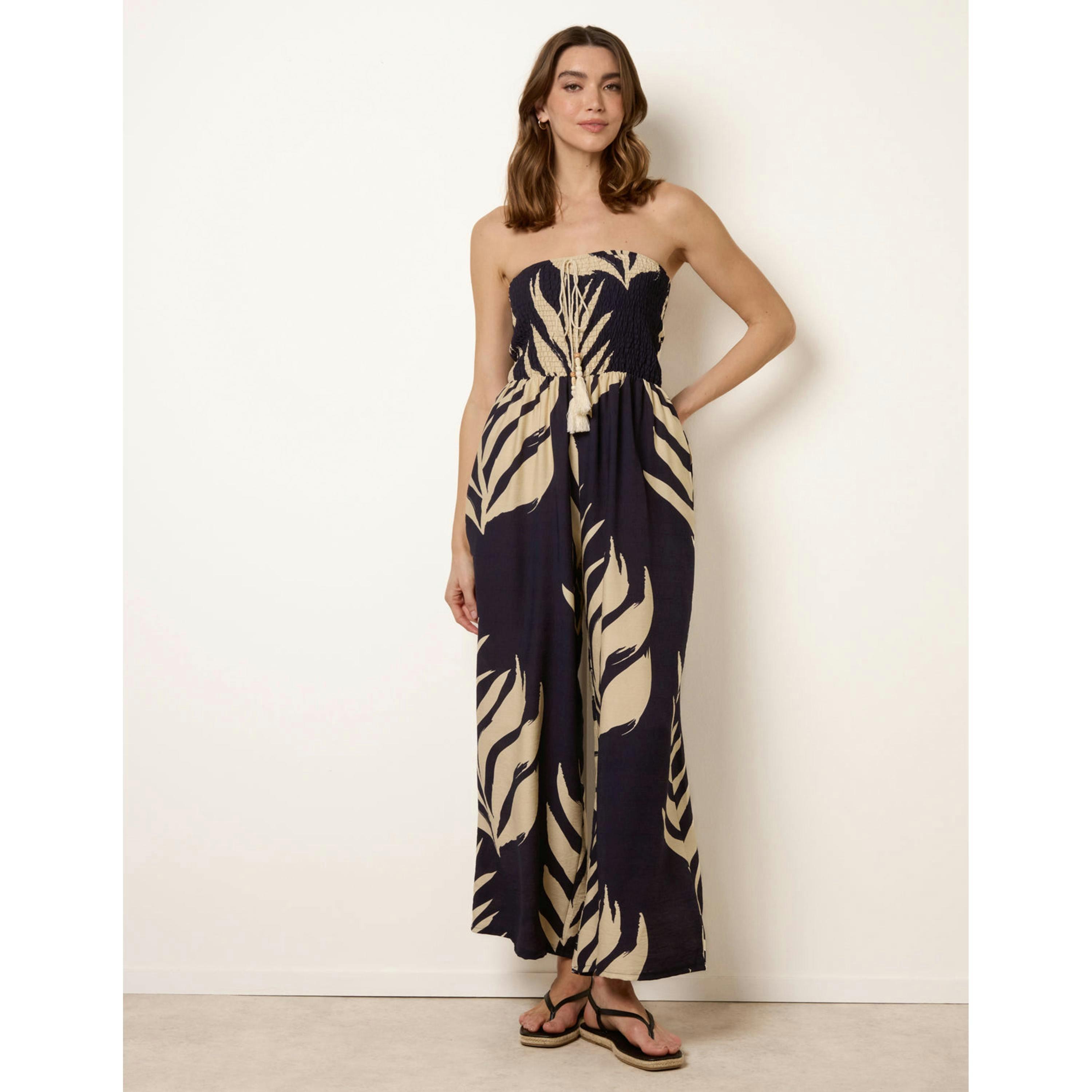 Blue Vanilla Printed Bandeau Tie Neck Shirred Jumpsuit  in Navy , view 1 of 4