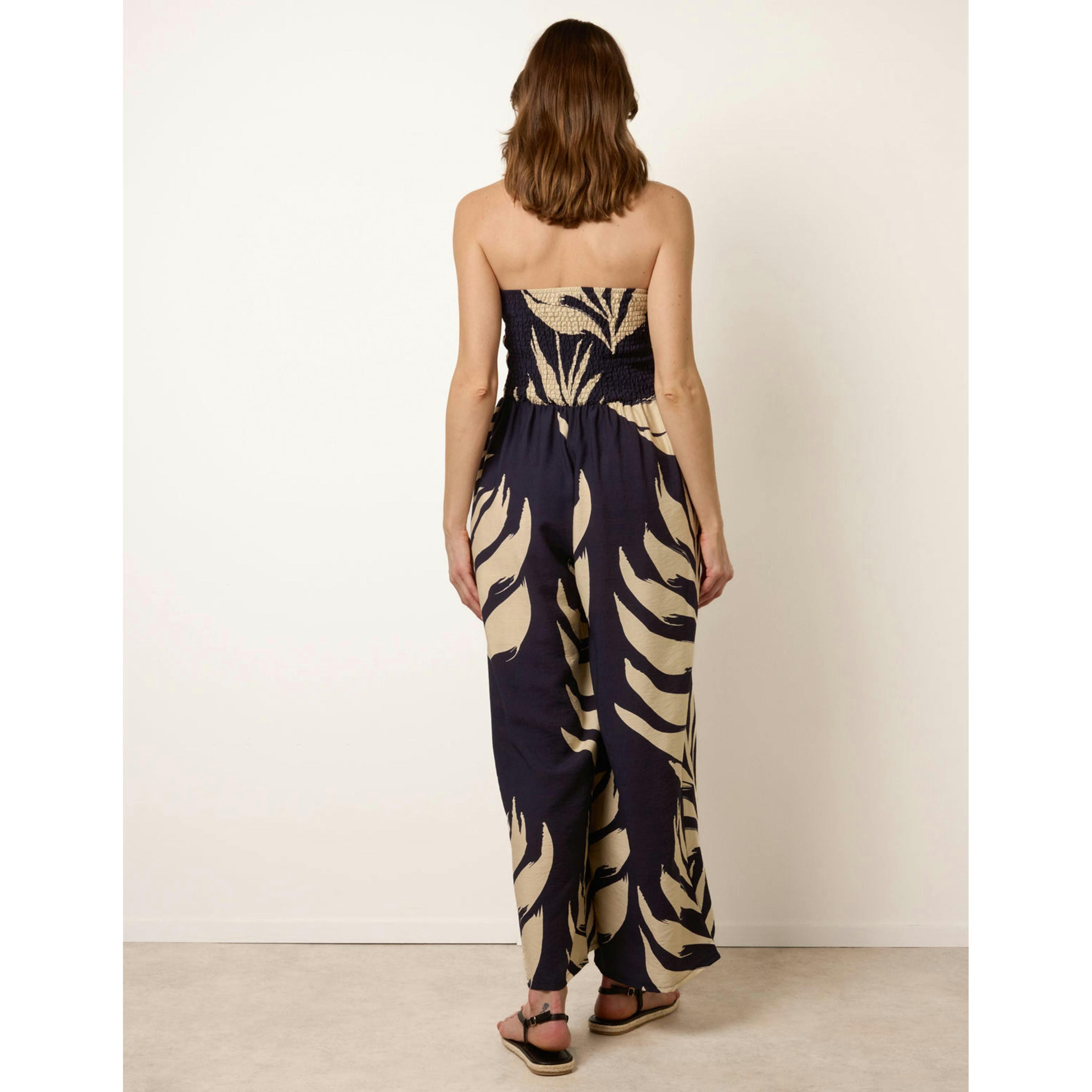 Blue Vanilla Printed Bandeau Tie Neck Shirred Jumpsuit  in Navy , view 2 of 4