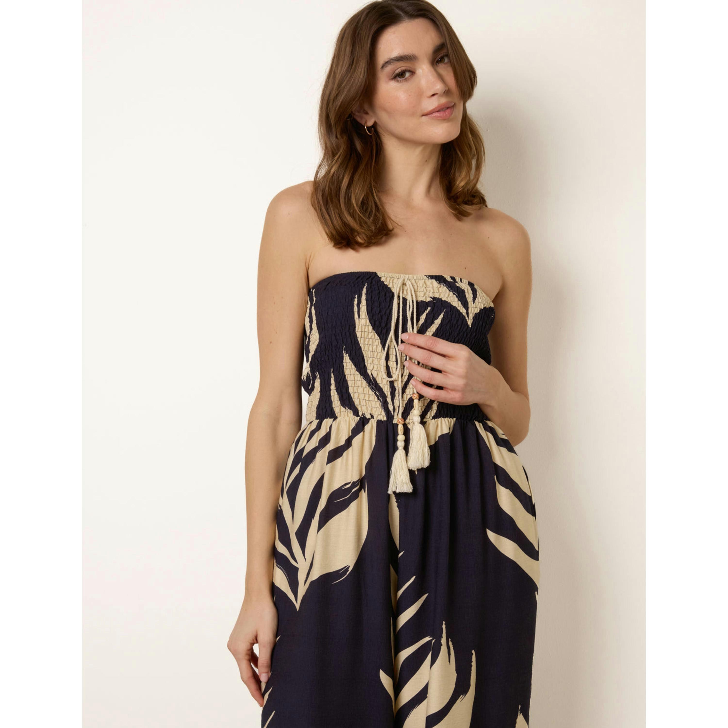 Blue Vanilla Printed Bandeau Tie Neck Shirred Jumpsuit  in Navy , view 3 of 4