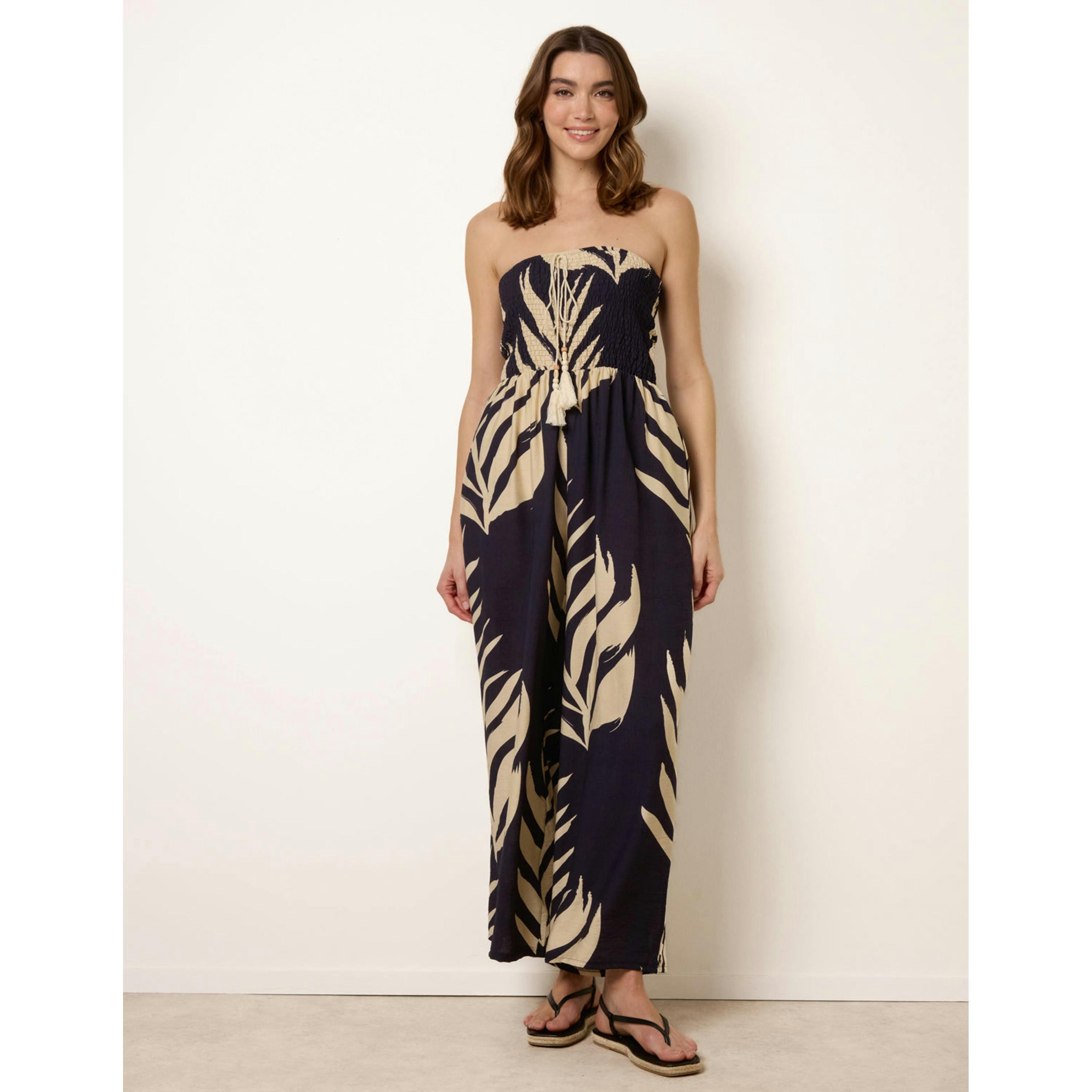 Blue Vanilla Printed Bandeau Tie Neck Shirred Jumpsuit  in Navy , view 4 of 4