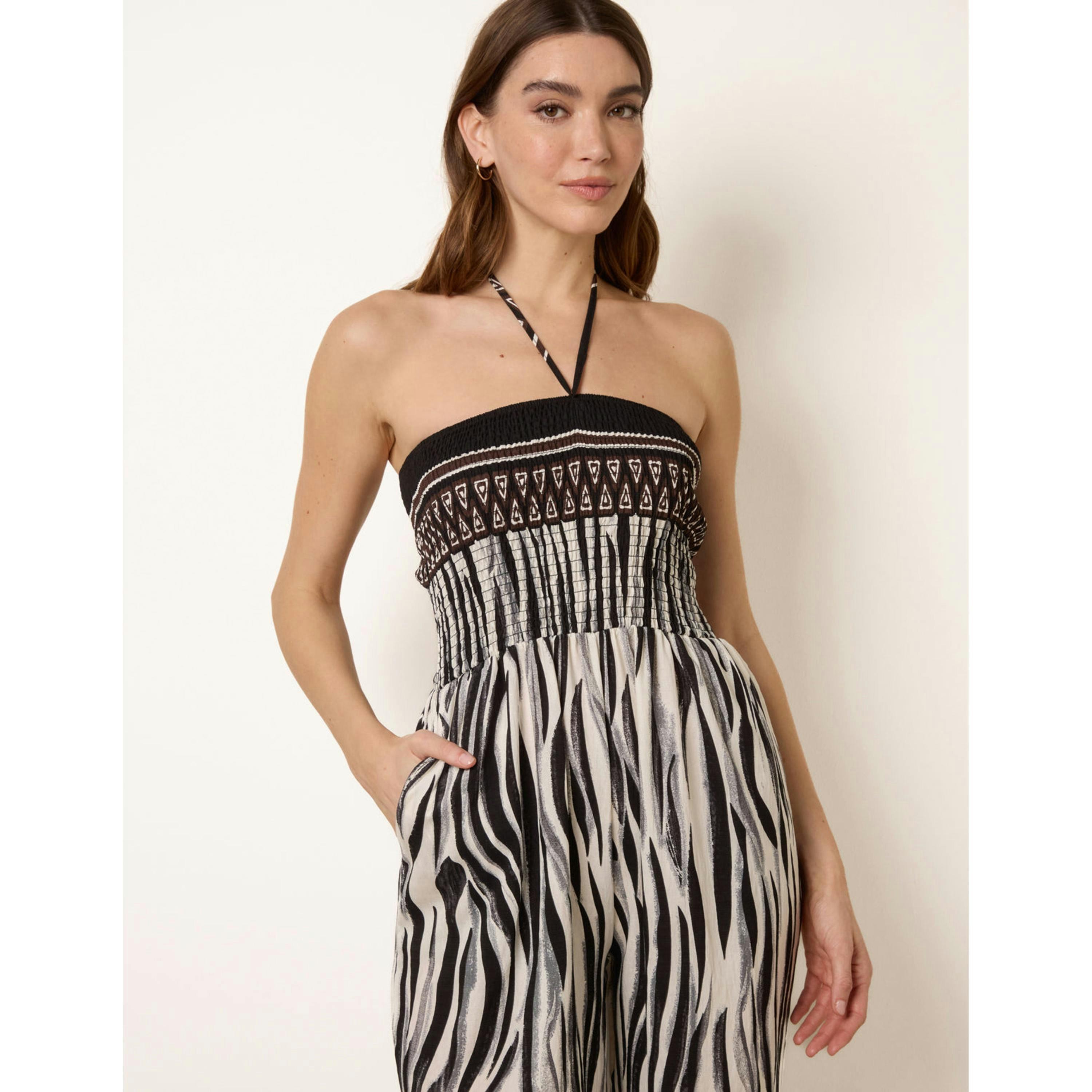 Blue Vanilla Zebra Print Halter Neck Shirred Waist Jumpsuit  in Black , view 2 of 4
