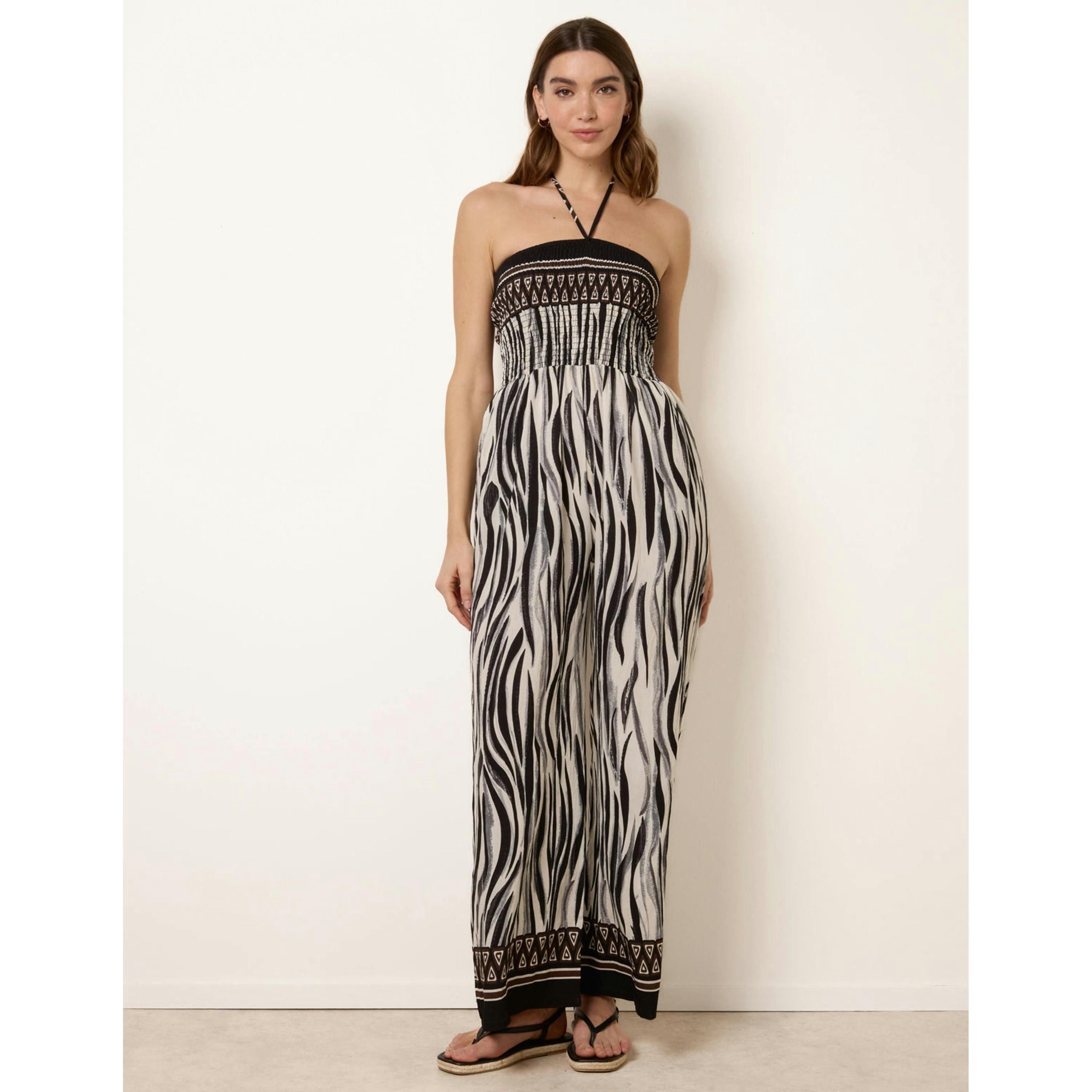 Blue Vanilla Zebra Print Halter Neck Shirred Waist Jumpsuit  in Black , view 3 of 4