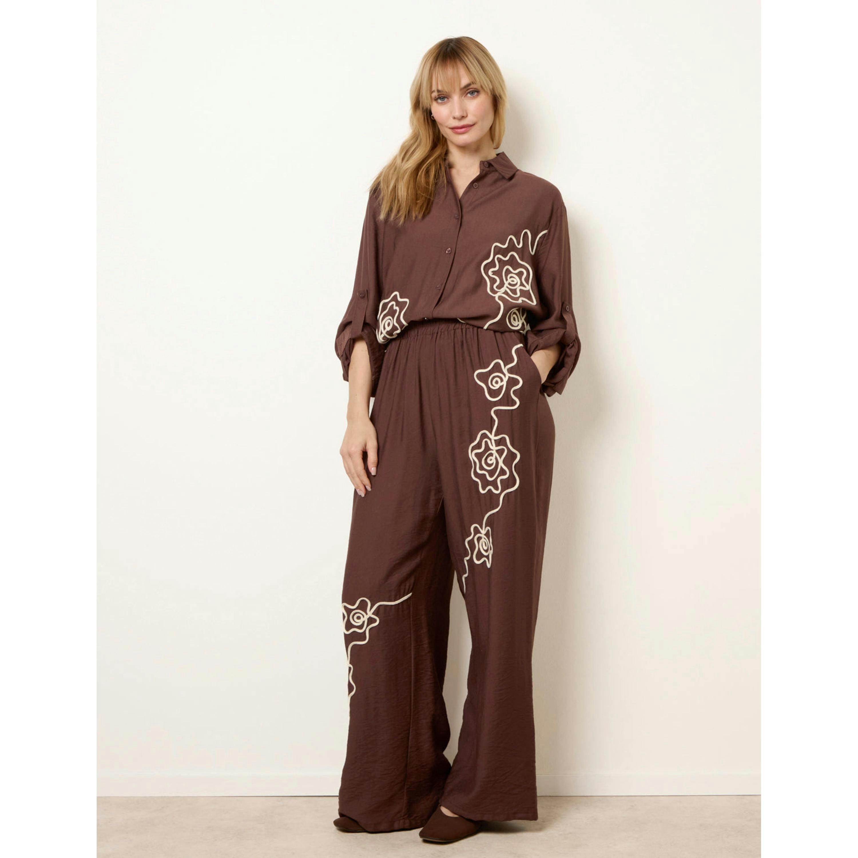 Blue Vanilla Floral Embroidery Trousers  in Brown , view 1 of 4