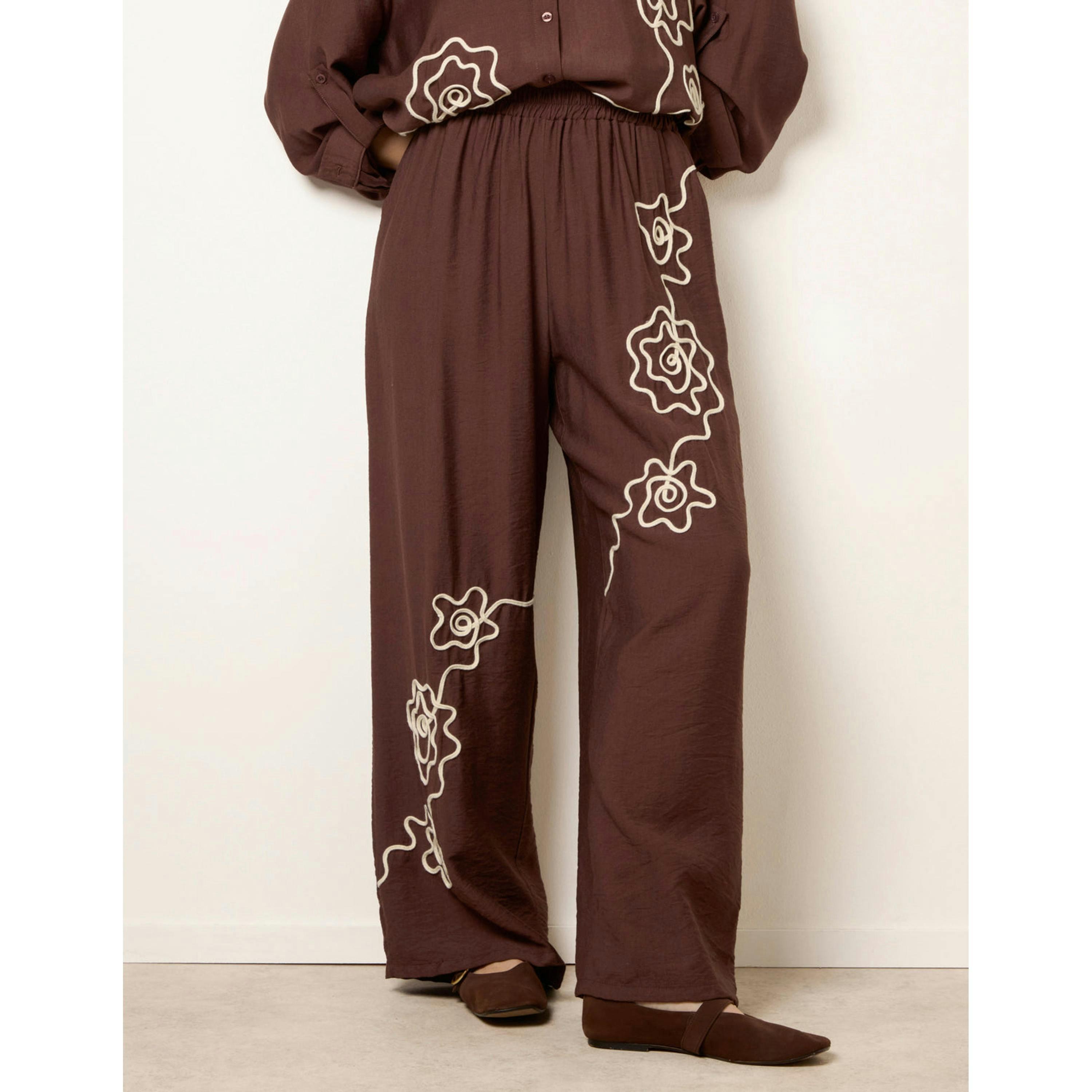 Blue Vanilla Floral Embroidery Trousers  in Brown , view 3 of 4