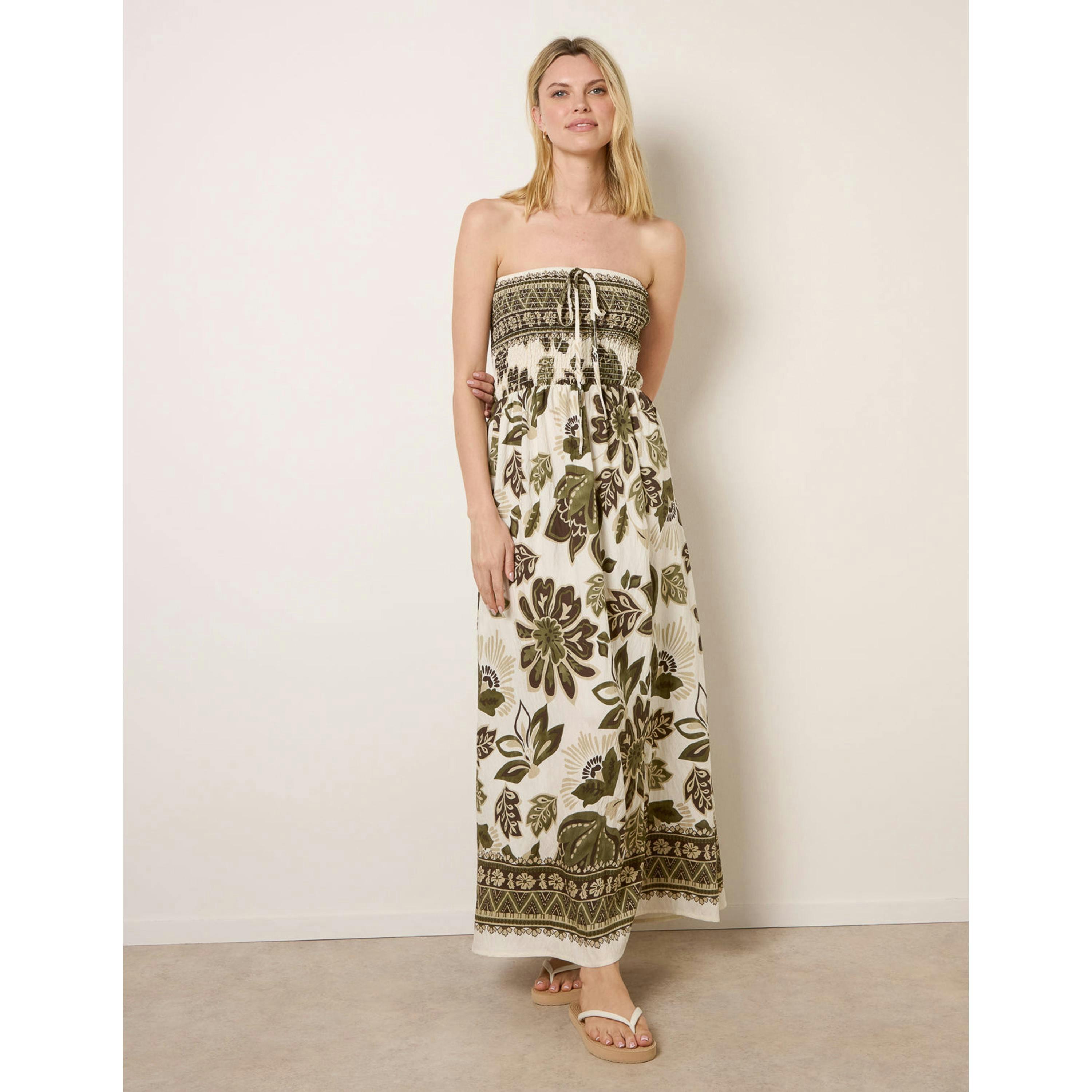 Blue Vanilla Flower Print Bandeau Maxi Dress  in Khaki , view 1 of 4