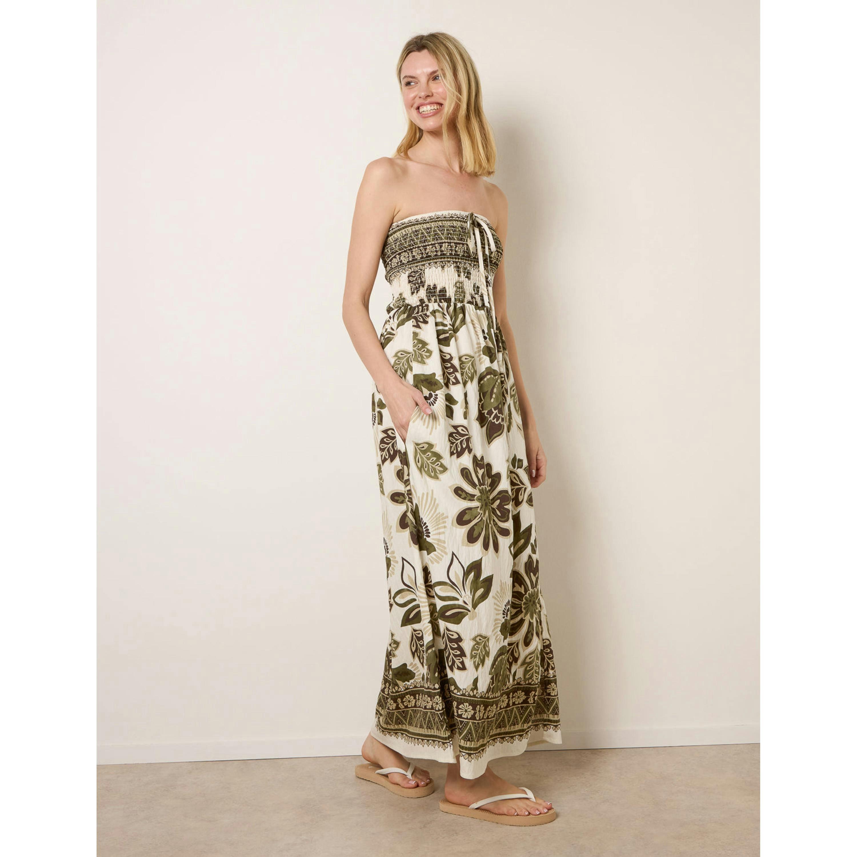 Blue Vanilla Flower Print Bandeau Maxi Dress  in Khaki , view 4 of 4