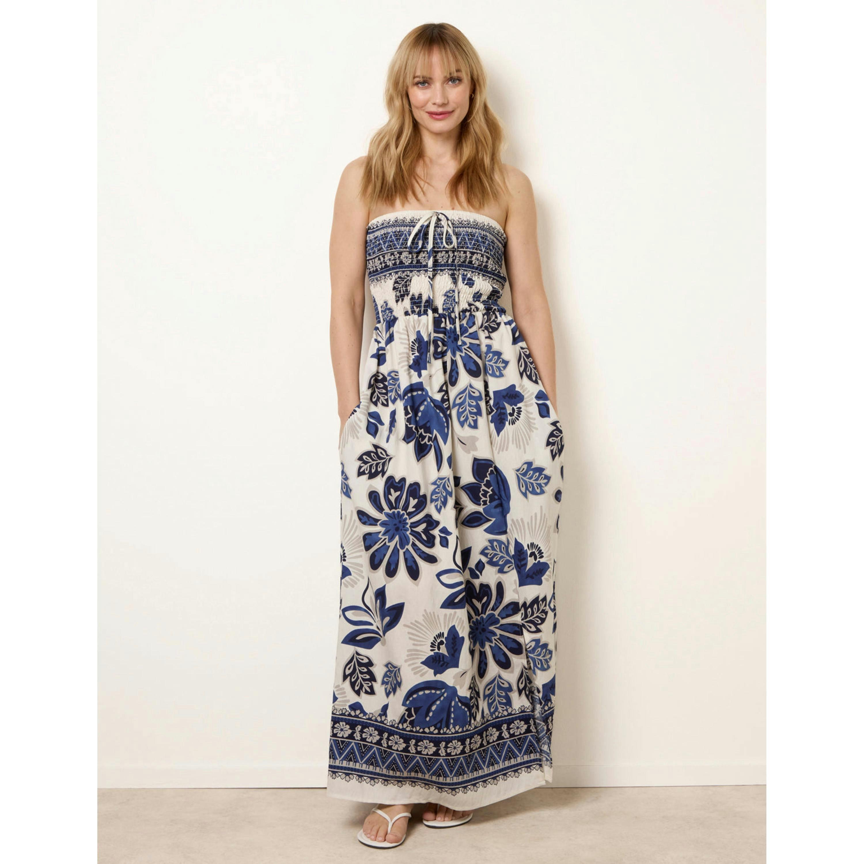 Blue Vanilla Flower Print Bandeau Maxi Dress  in Navy , view 1 of 4
