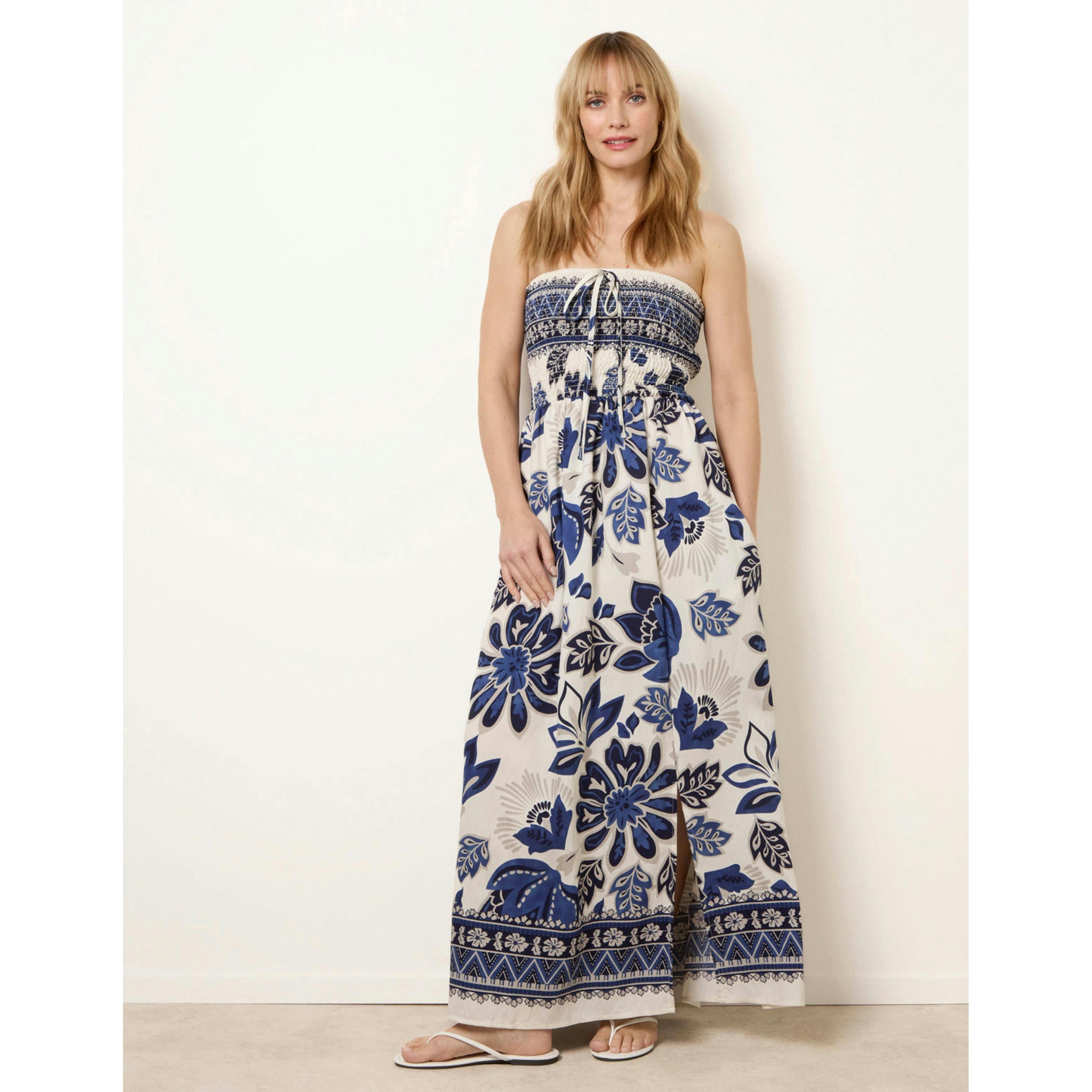 Blue Vanilla Flower Print Bandeau Maxi Dress  in Navy , view 4 of 4