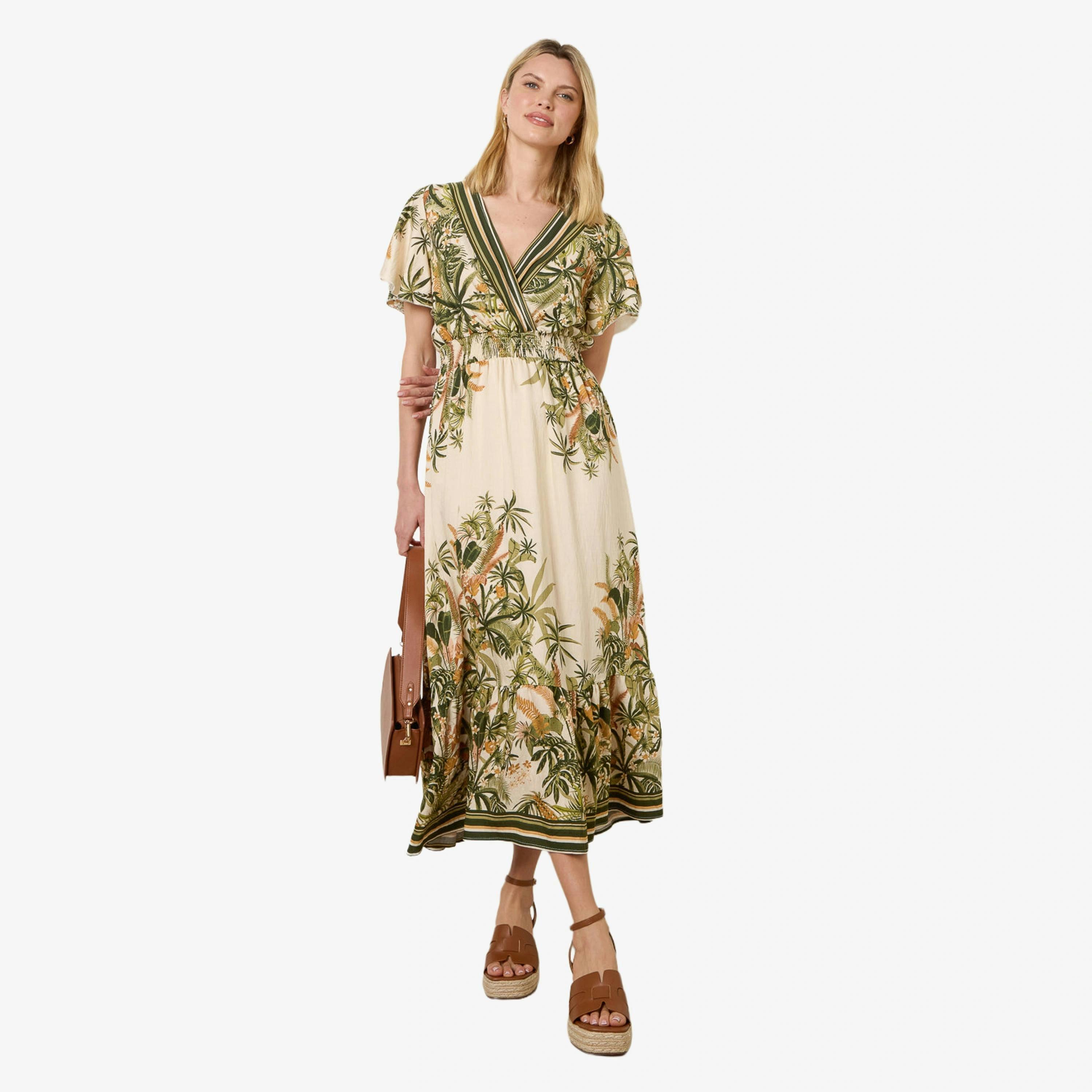 Blue Vanilla Tropical Print Wrap Front Dress   in  Green , view 1 of 4