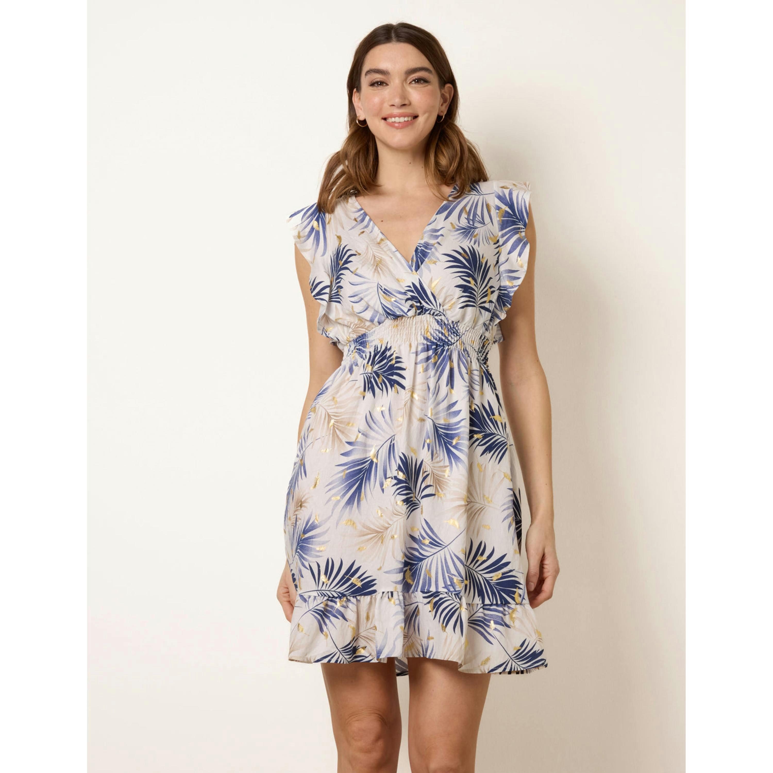 Blue Vanilla Tropical Dress With Leaf Print  in Navy , view 3 of 4