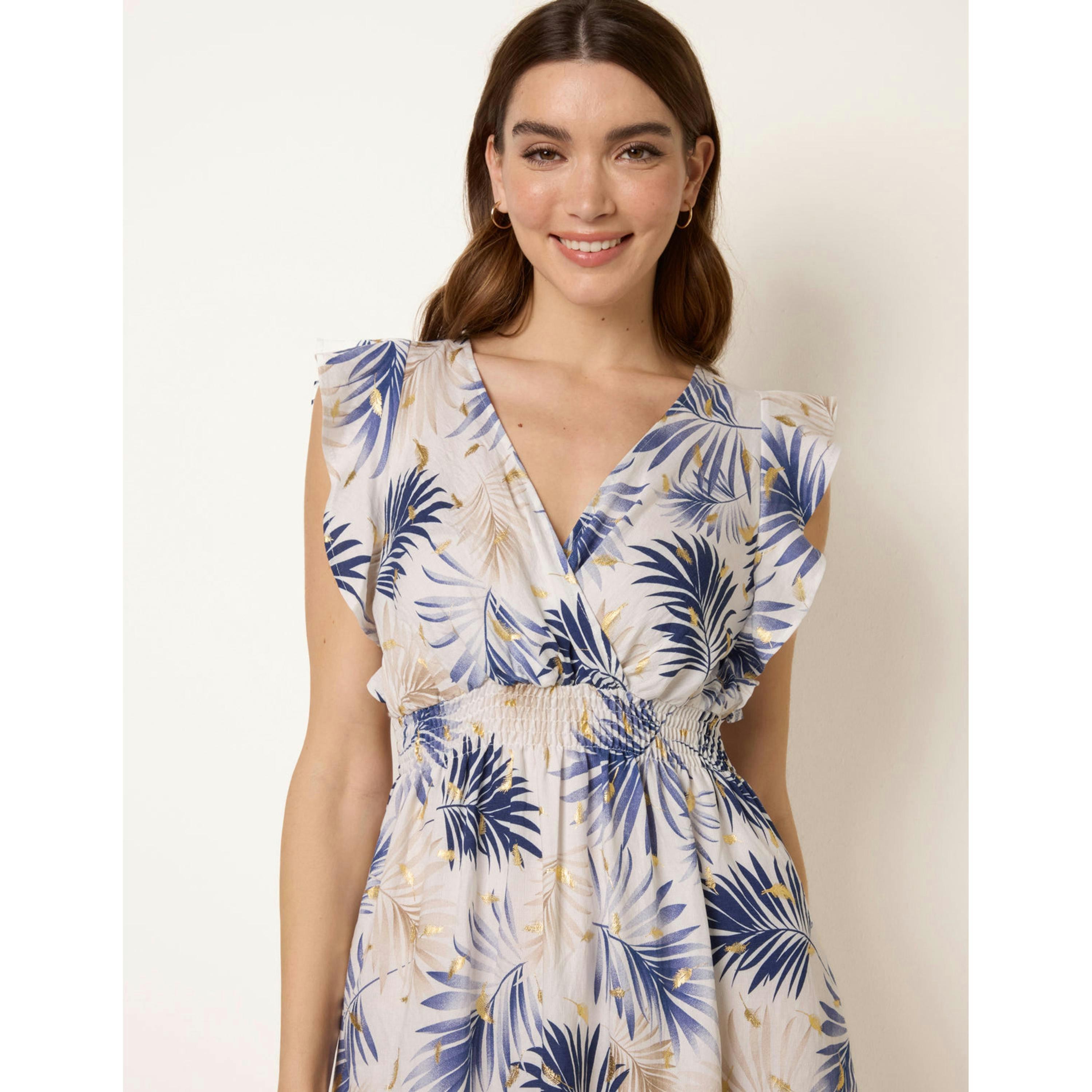 Blue Vanilla Tropical Dress With Leaf Print  in Navy , view 4 of 4