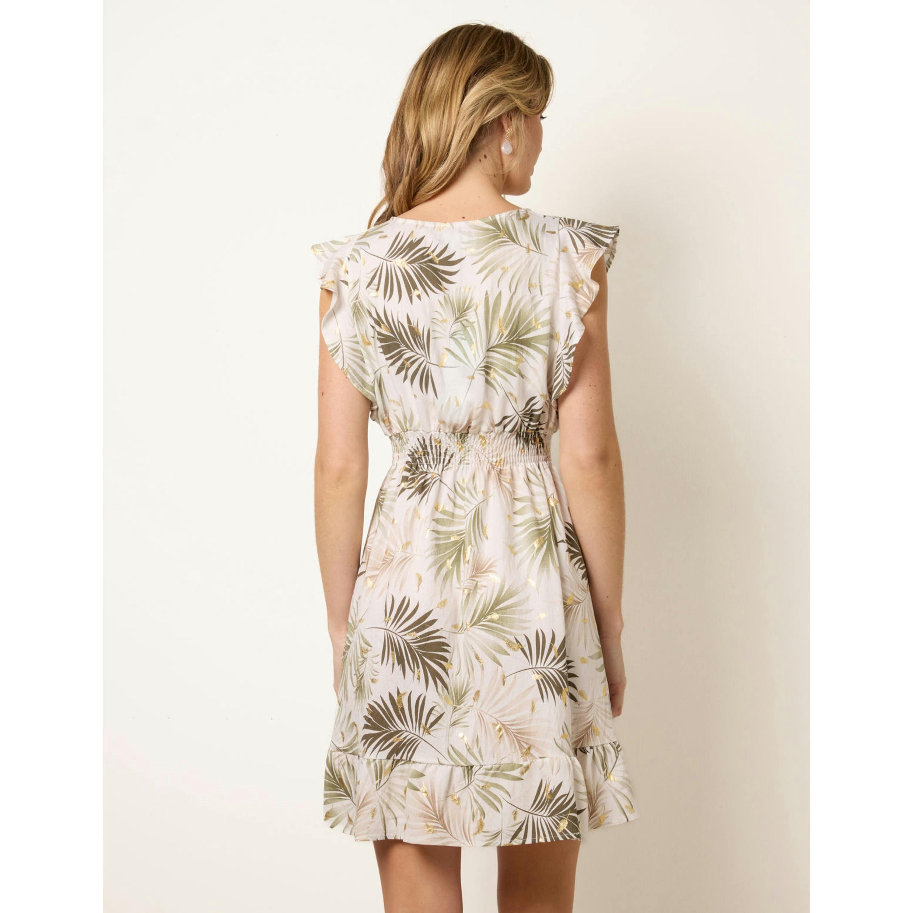 Blue Vanilla Tropical Dress With Leaf Print  in Khaki , view 2 of 4