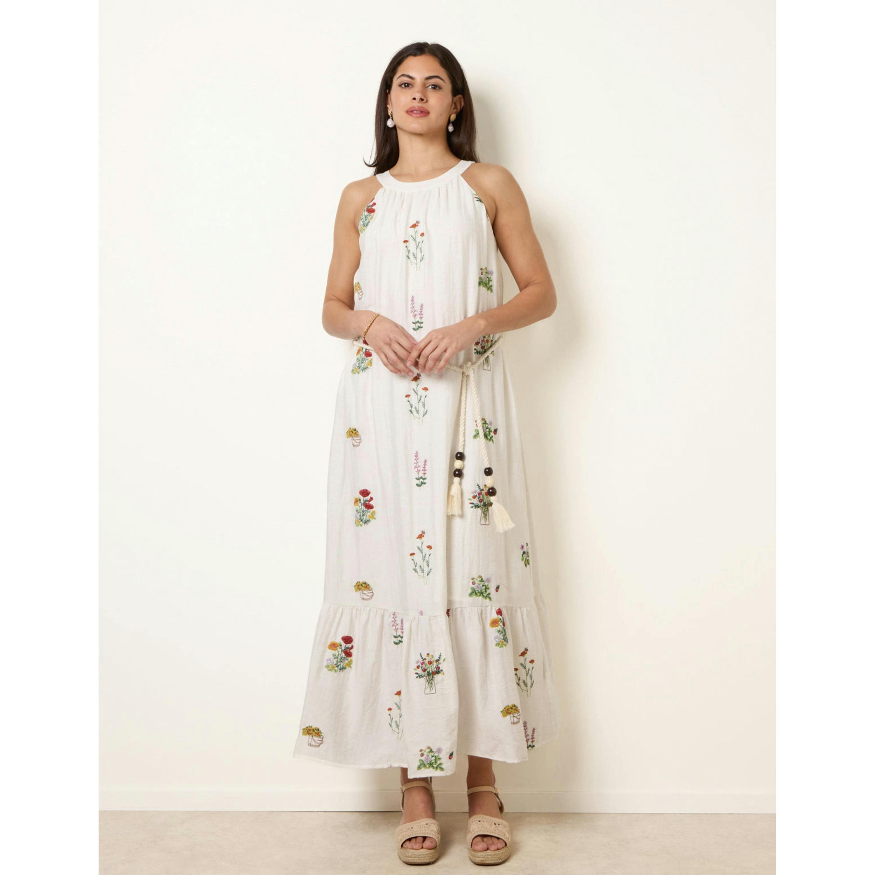 Blue Vanilla Halter Neck Embroidered Dress  in Stone , view 4 of 4