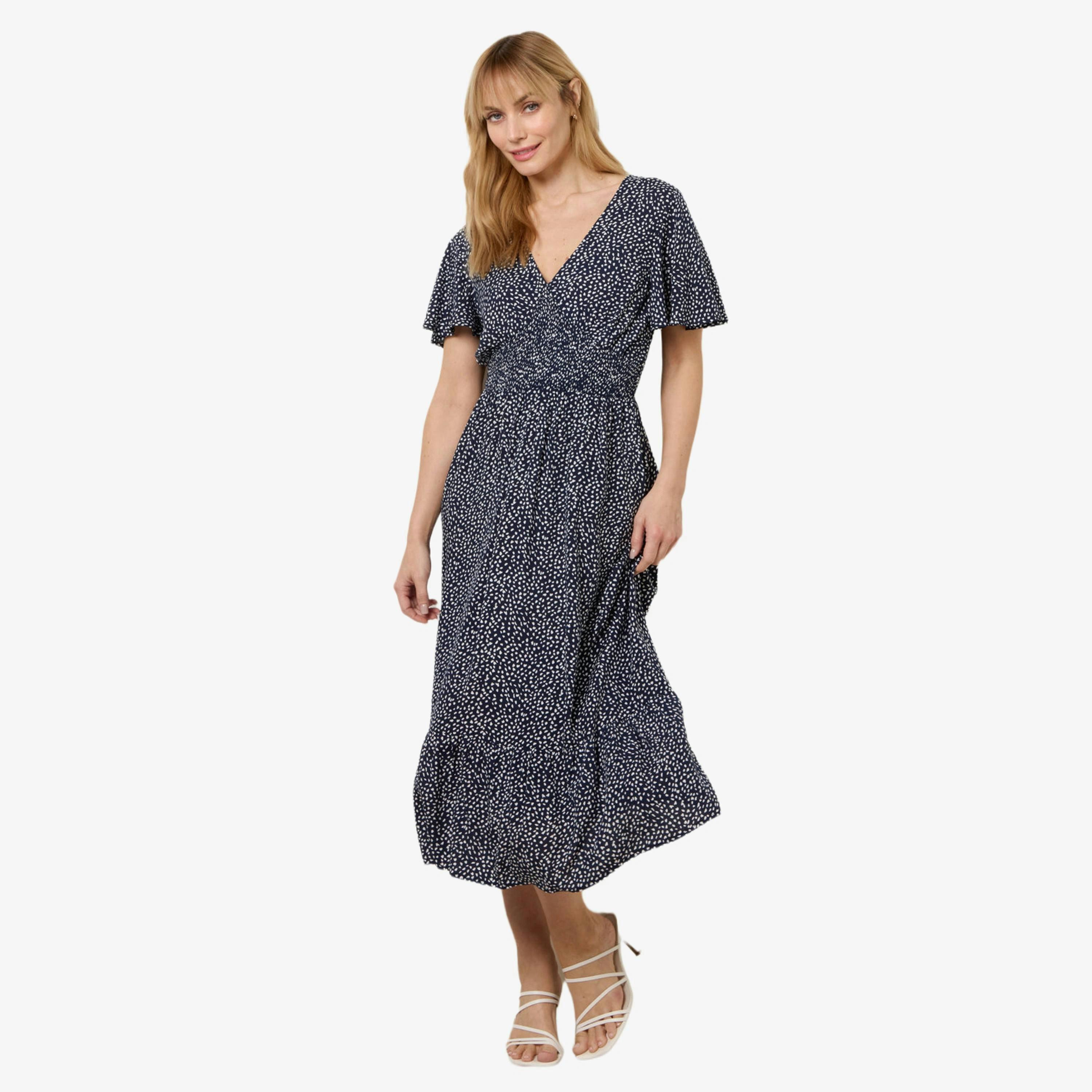 Blue Vanilla Angel Sleeve Shirred Waist Tier Hem Midi Dress   in  Navy , view 1 of 4