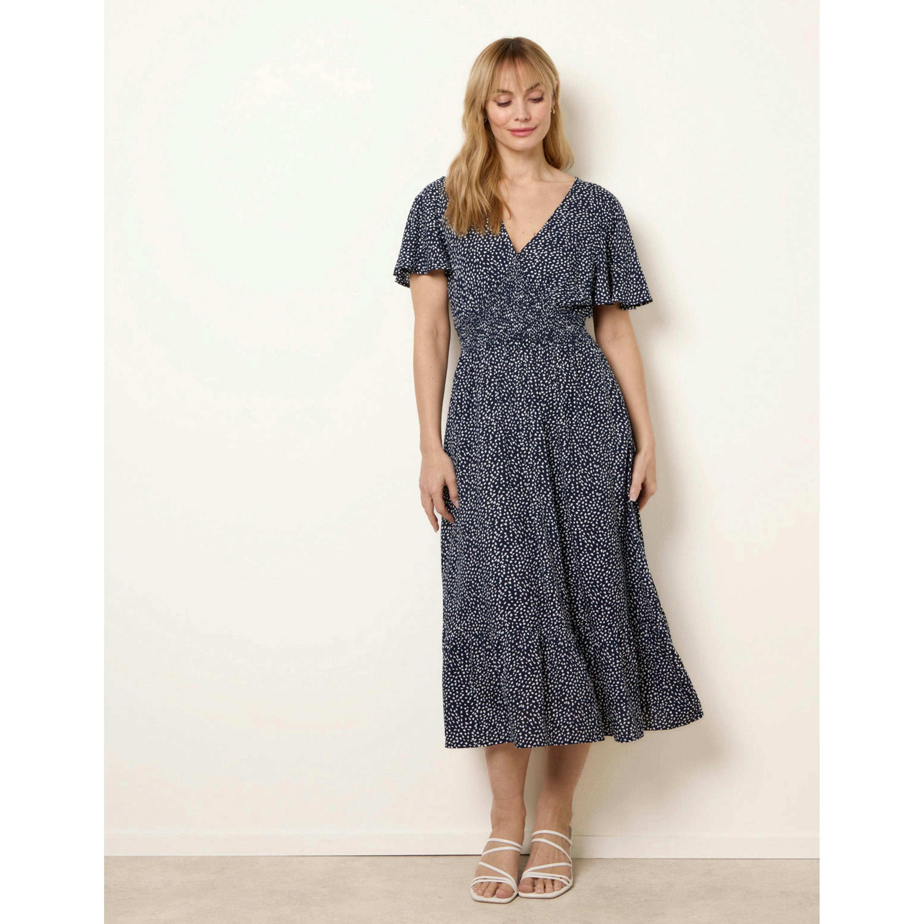 Blue Vanilla Angel Sleeve Shirred Waist Tier Hem Midi Dress  in Navy , view 4 of 4
