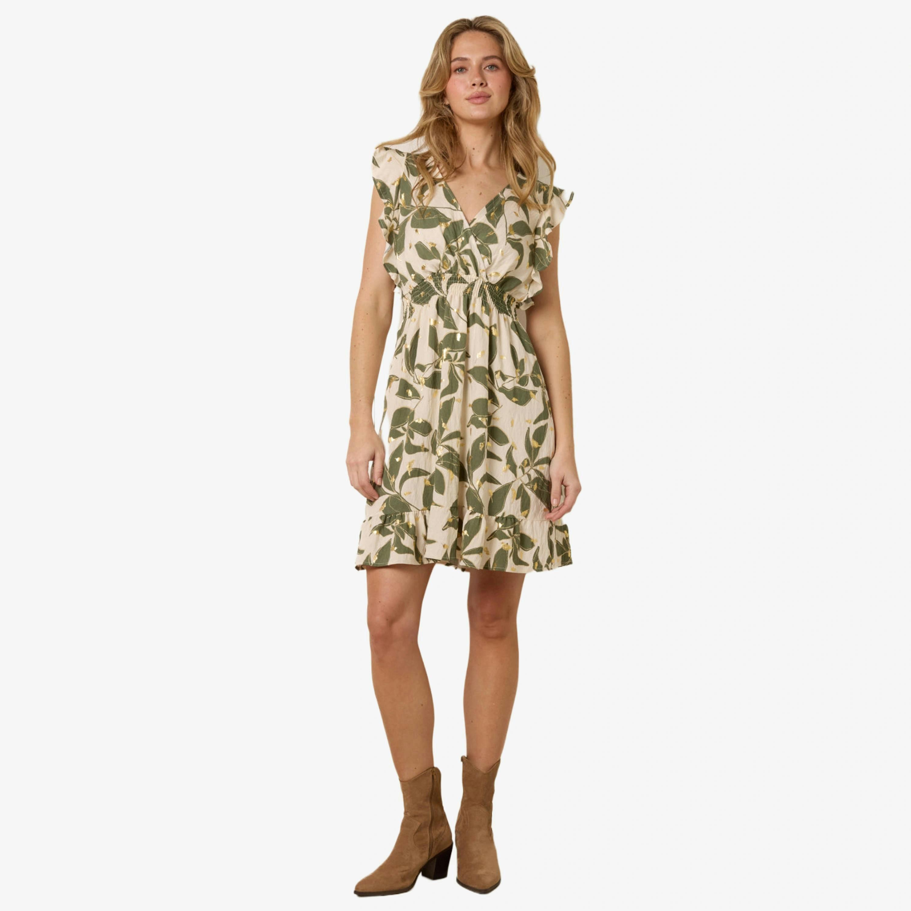 Blue Vanilla Tropical Print Wrap Over Mini Dress With Flutter Sleeve   in  Khaki , view 1 of 4