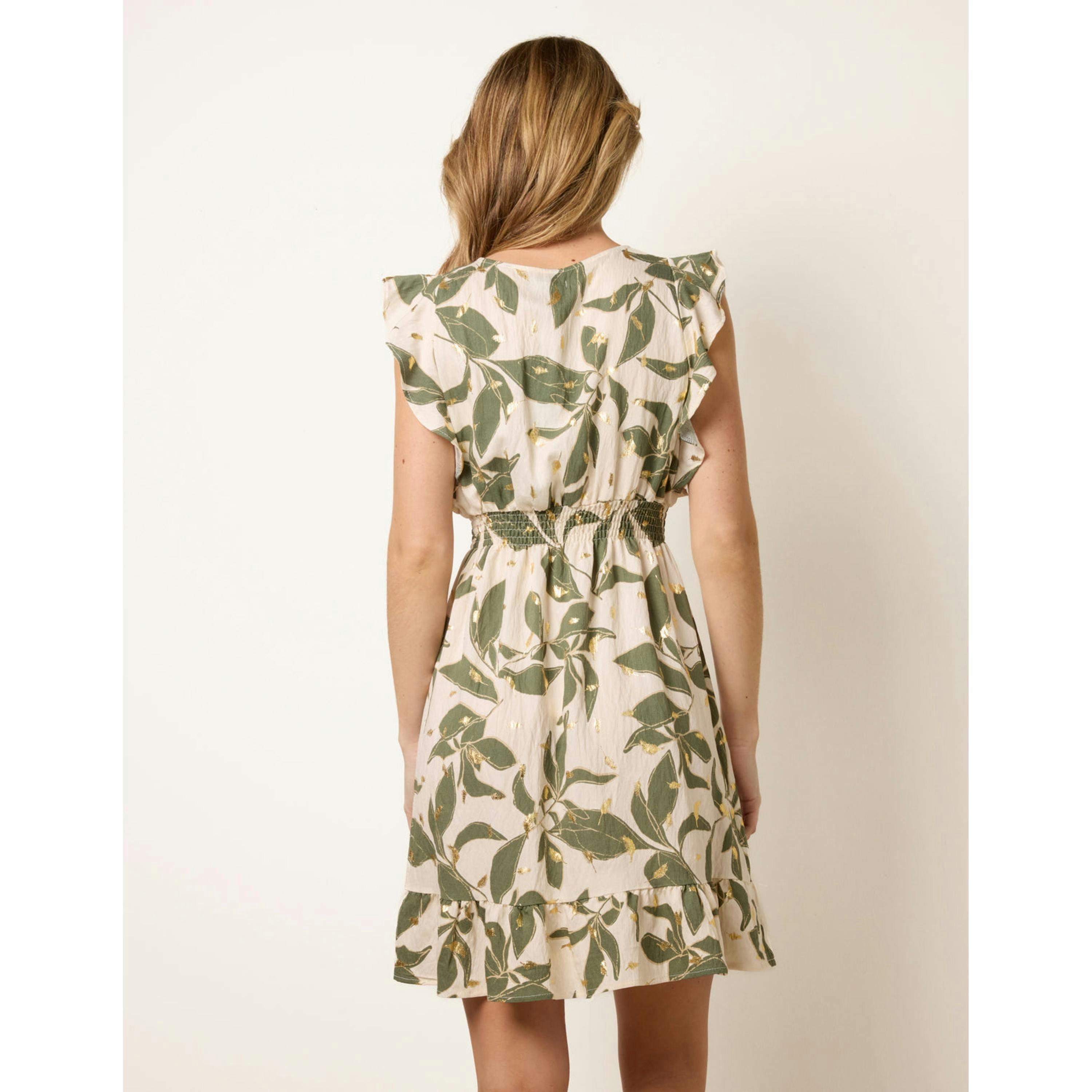 Blue Vanilla Tropical Print Wrap Over Mini Dress With Flutter Sleeve  in Khaki , view 2 of 4