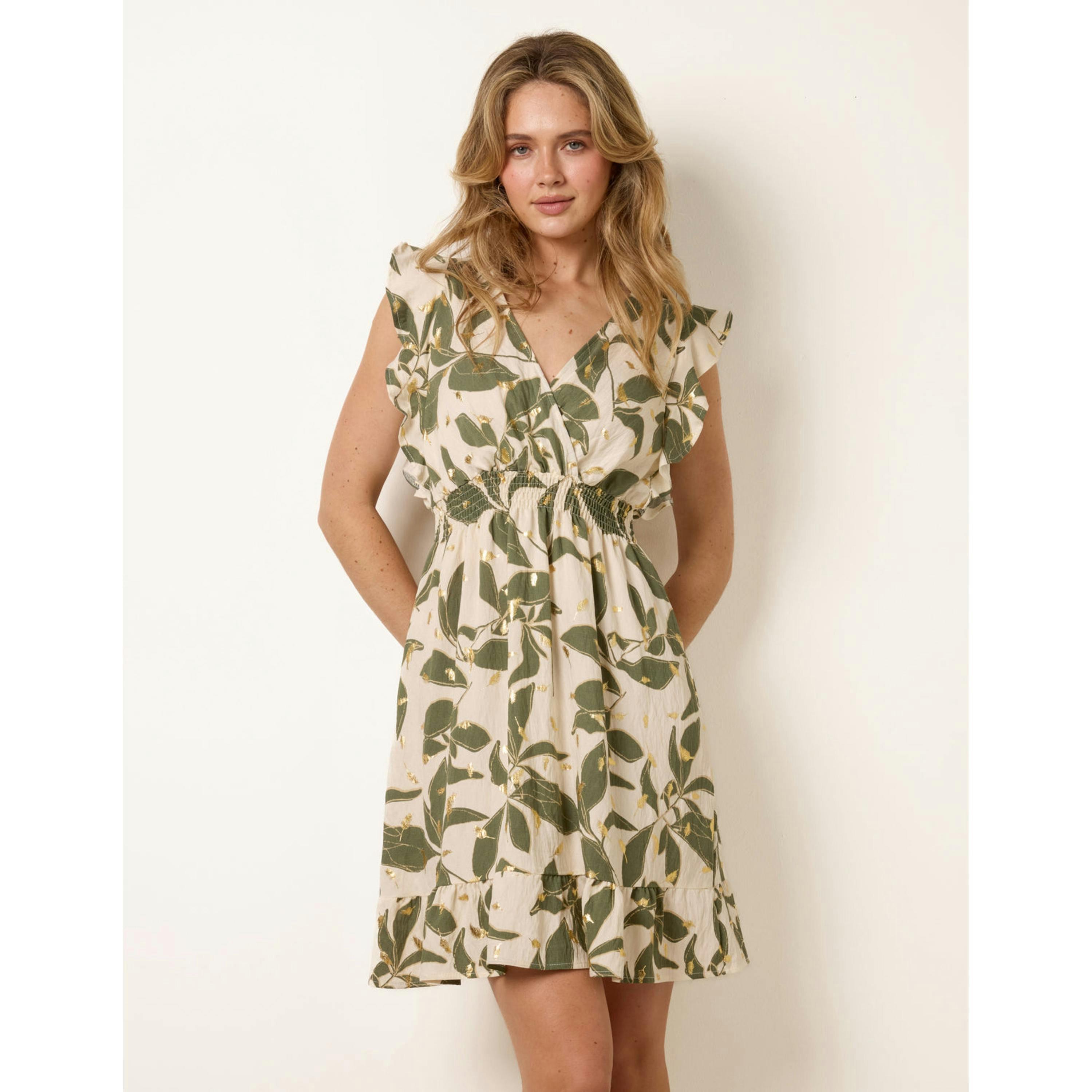 Blue Vanilla Tropical Print Wrap Over Mini Dress With Flutter Sleeve  in Khaki , view 4 of 4