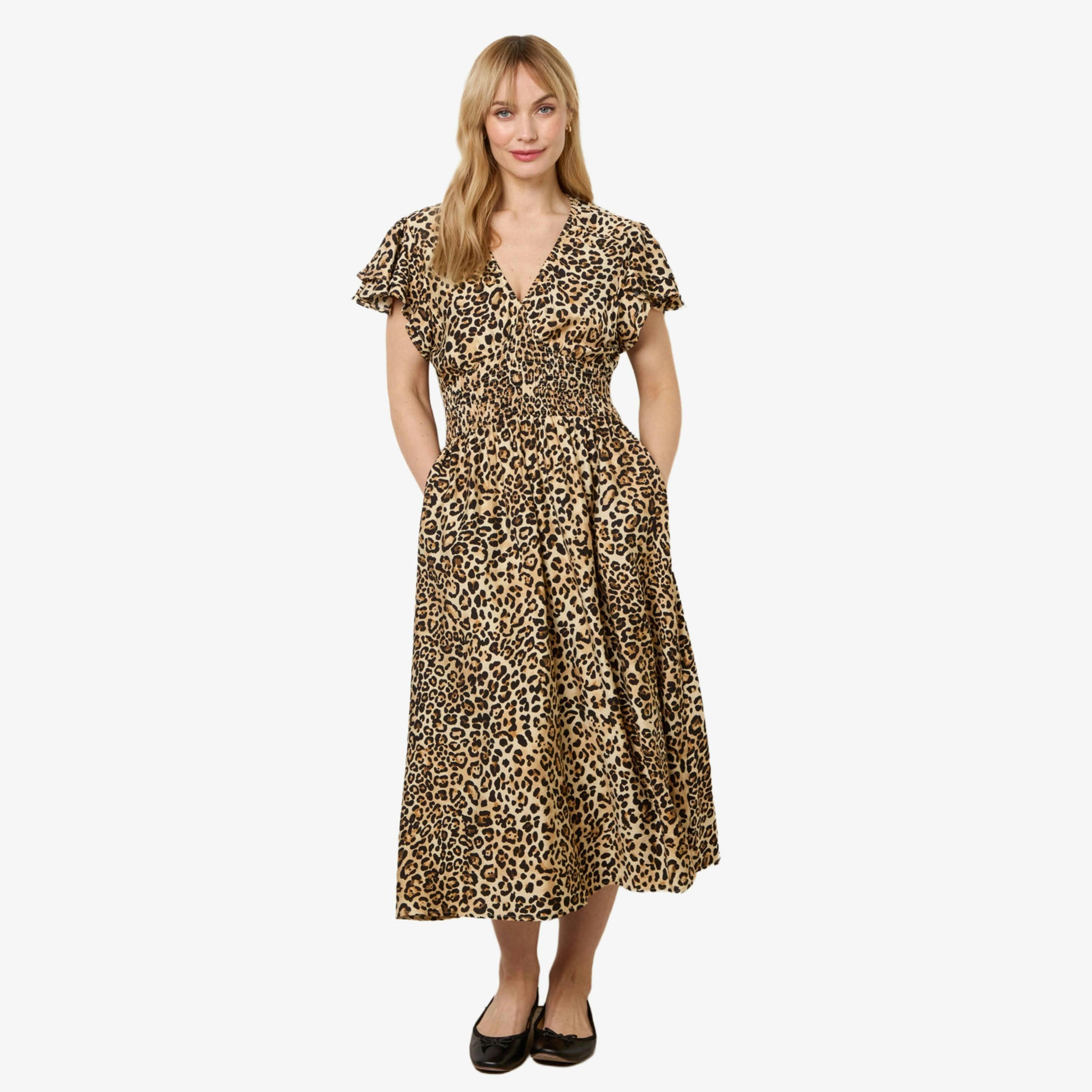 Blue Vanilla Animal Double Frill Shirred Waist Midi Dress   in  Brown , view 1 of 4