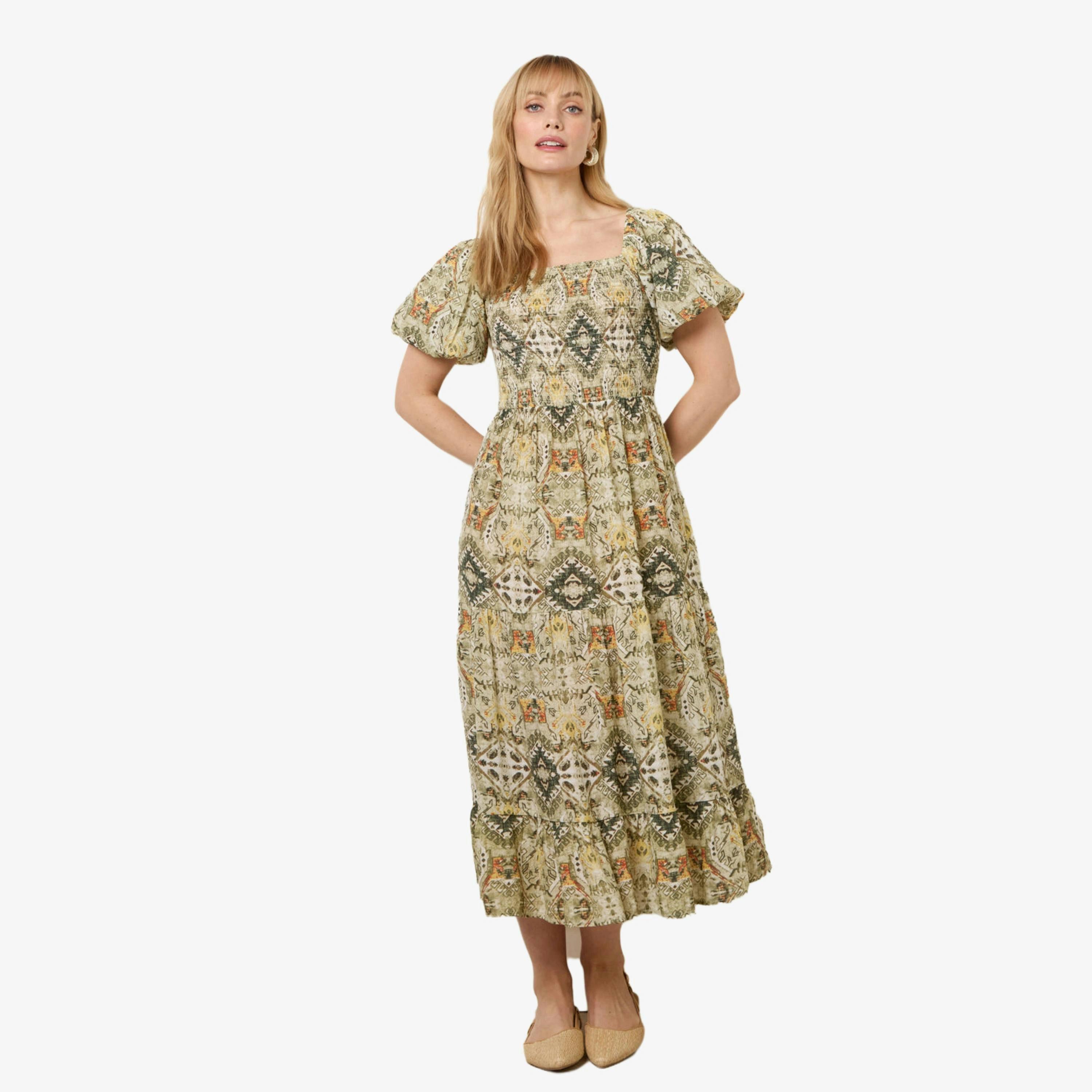 Blue Vanilla Abstract Print Puff Sleeve Midi Dress   in  Green , view 1 of 4