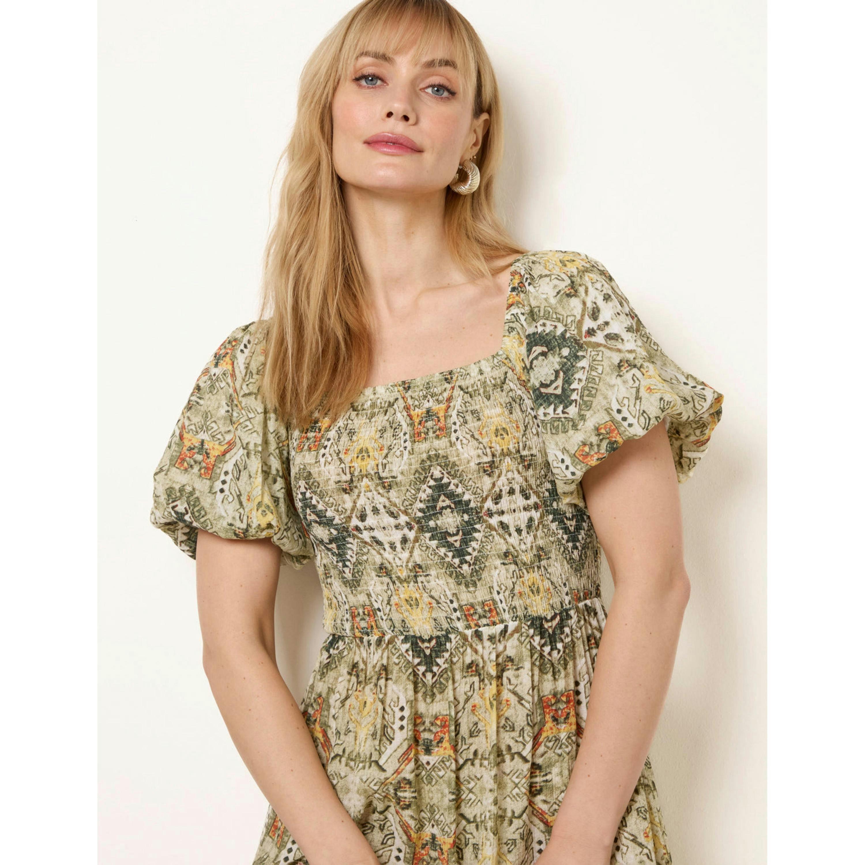 Blue Vanilla Abstract Print Puff Sleeve Midi Dress  in Green , view 3 of 4