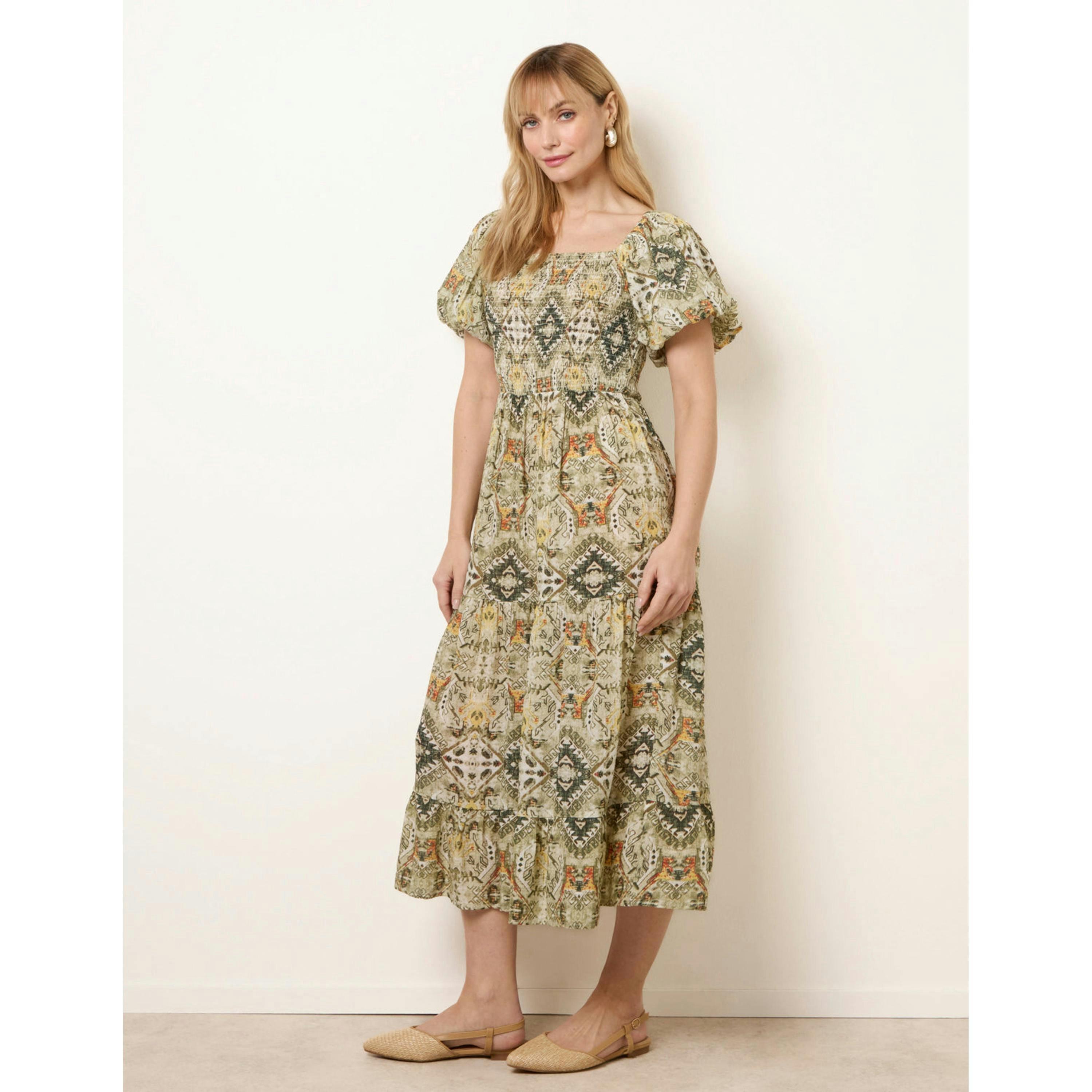 Blue Vanilla Abstract Print Puff Sleeve Midi Dress  in Green , view 4 of 4