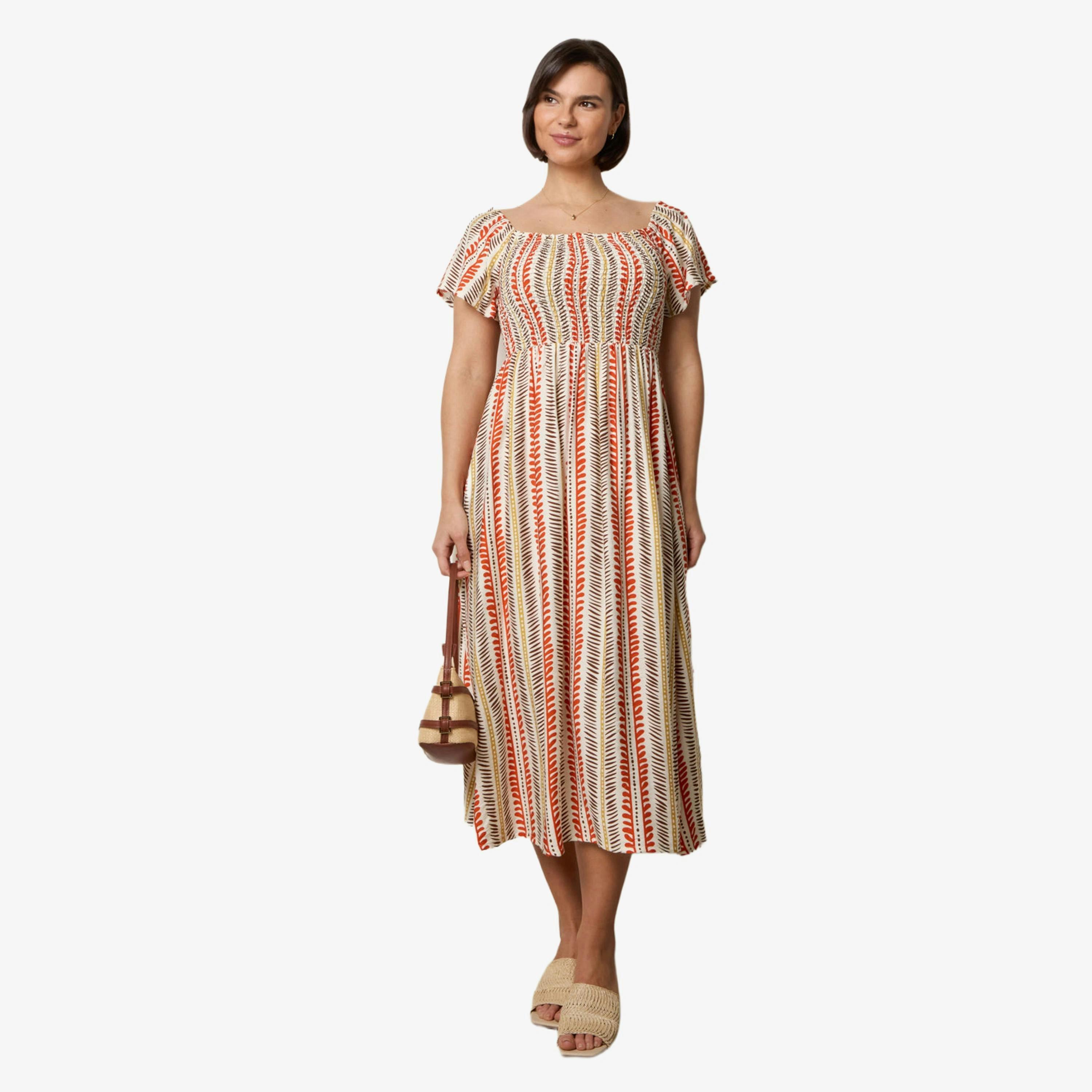 Blue Vanilla Short Sleeve Shirred Waist Abstract Print Dress   in  Orange , view 1 of 6