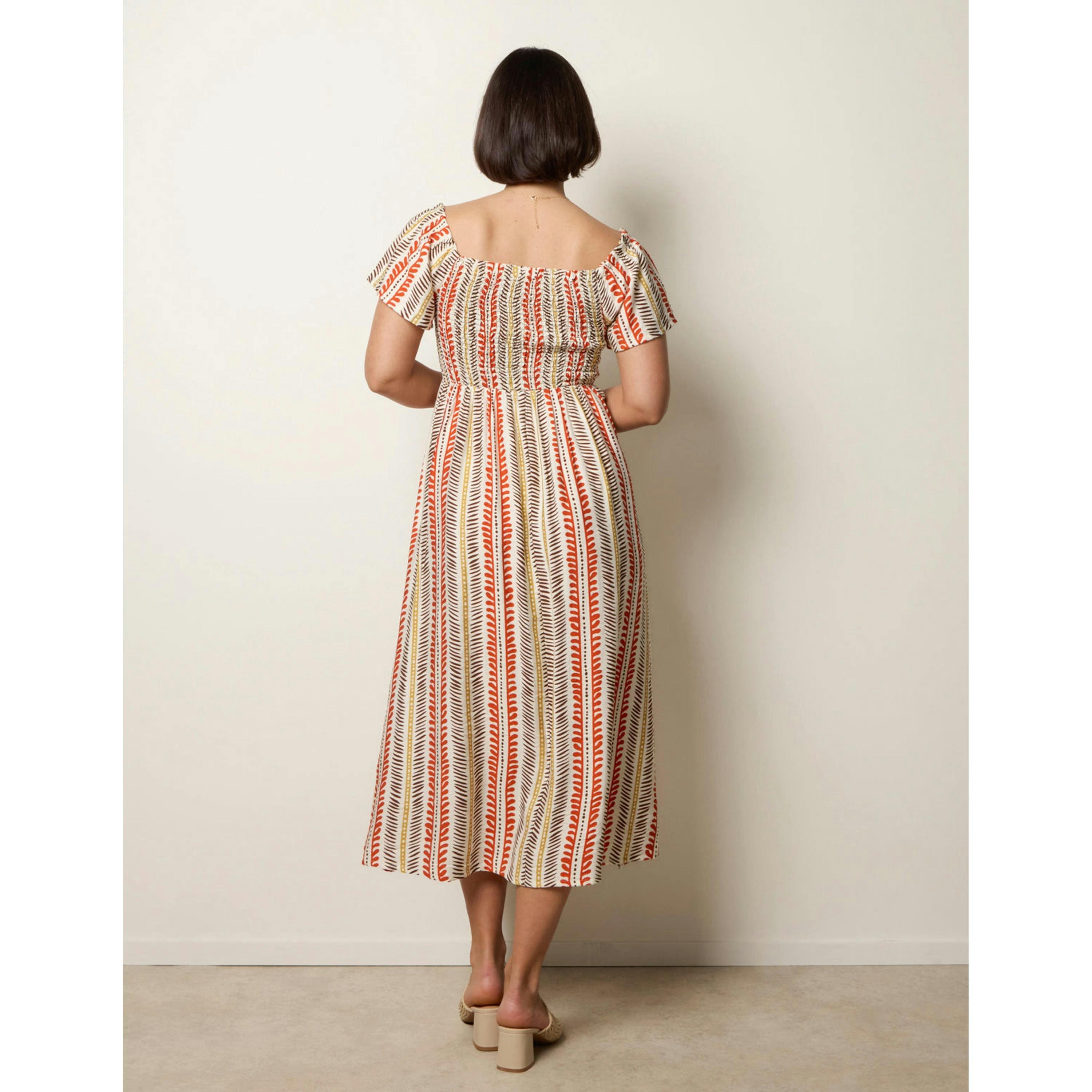 Blue Vanilla Short Sleeve Shirred Waist Abstract Print Dress  in Orange , view 2 of 6