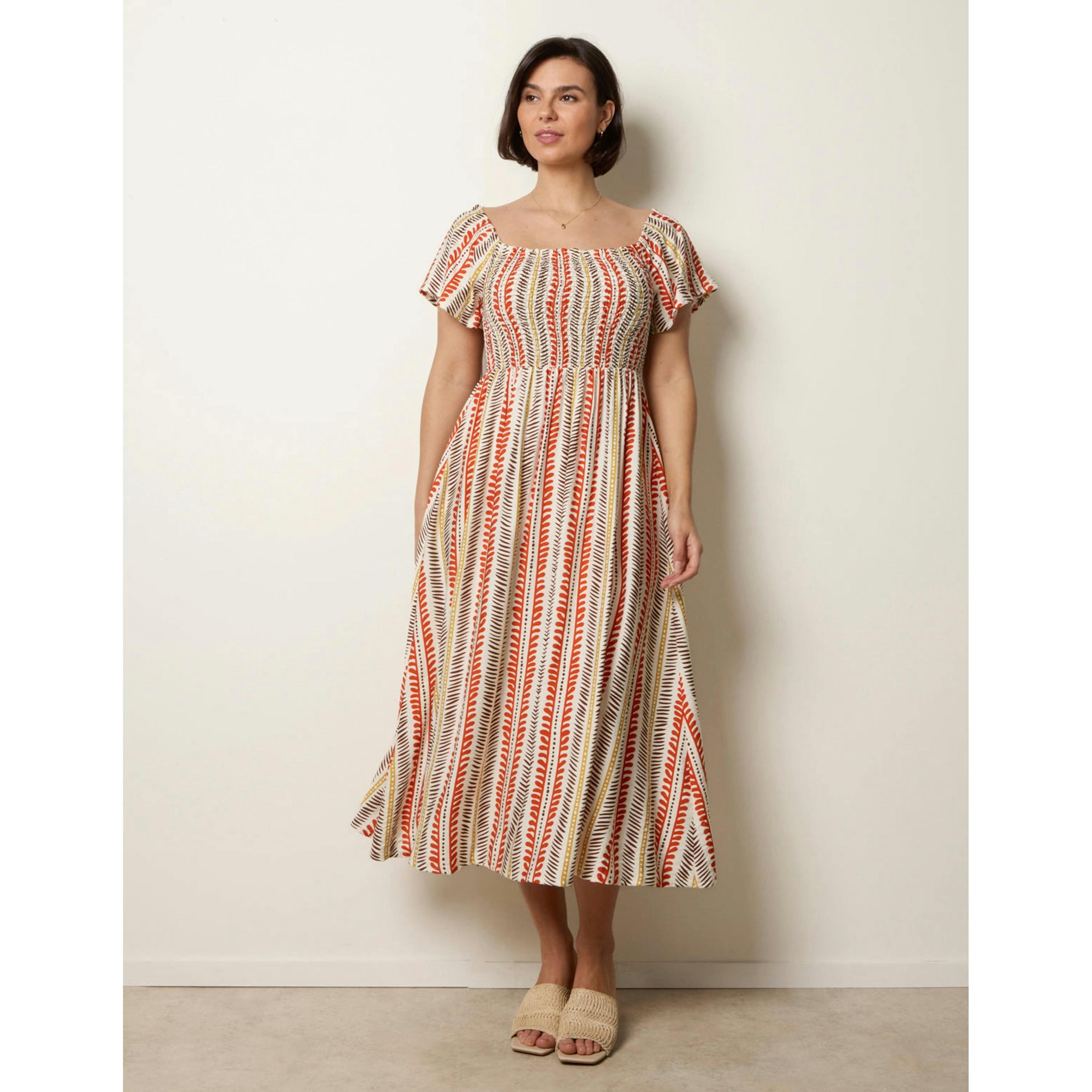 Blue Vanilla Short Sleeve Shirred Waist Abstract Print Dress  in Orange , view 3 of 6