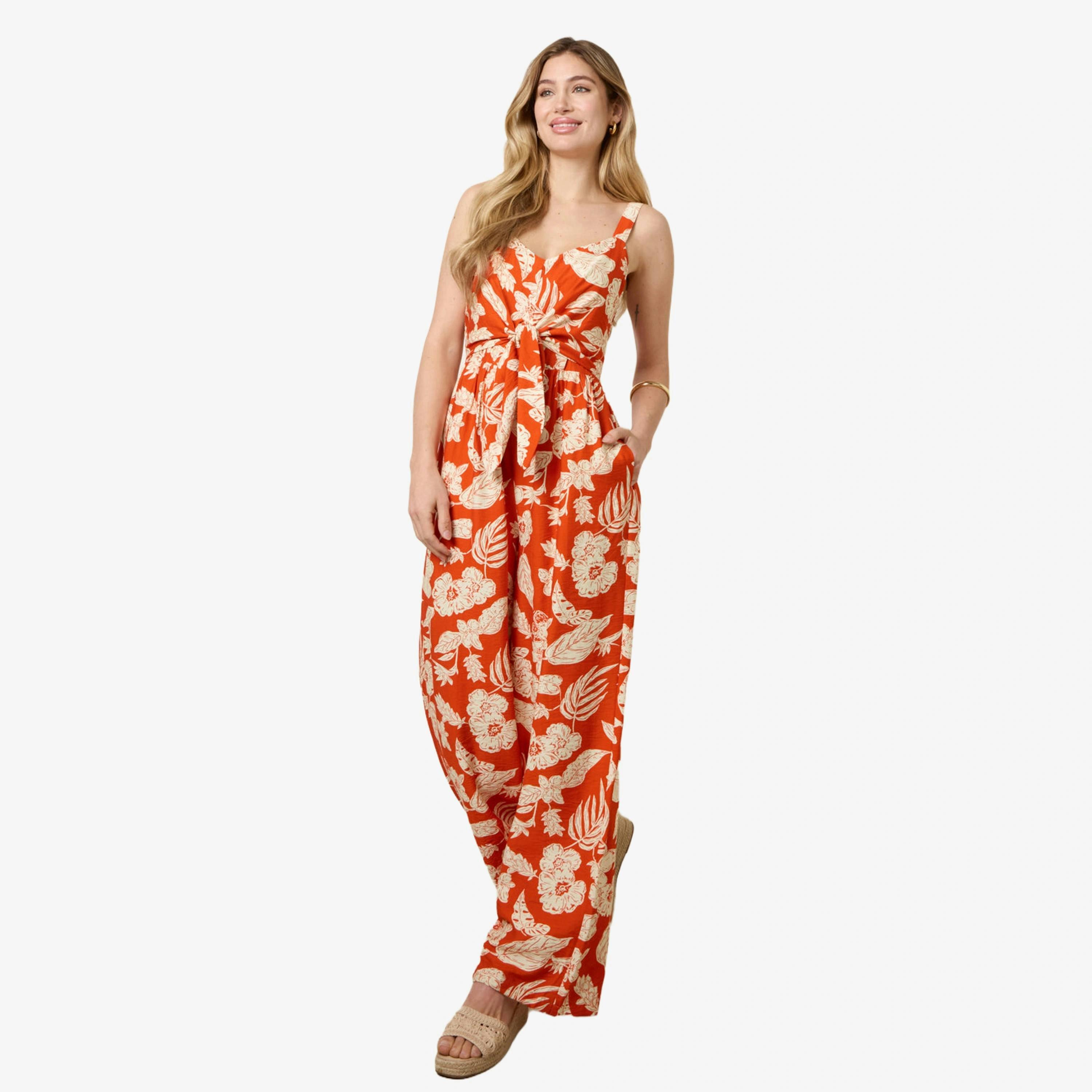 Blue Vanilla Tropical Tie Front Jumpsuit   in  Orange , view 1 of 4