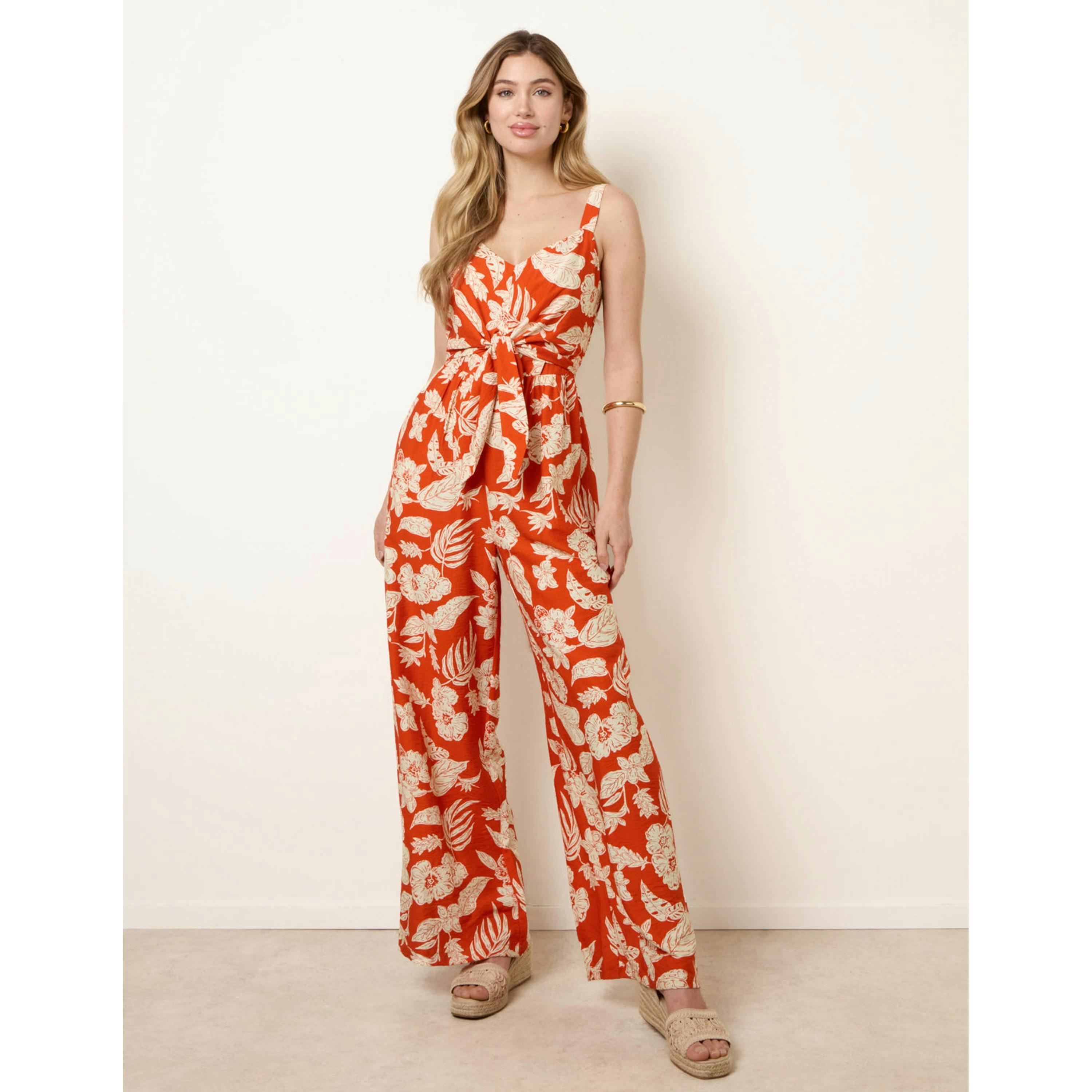 Blue Vanilla Tropical Tie Front Jumpsuit  in Orange , view 4 of 4
