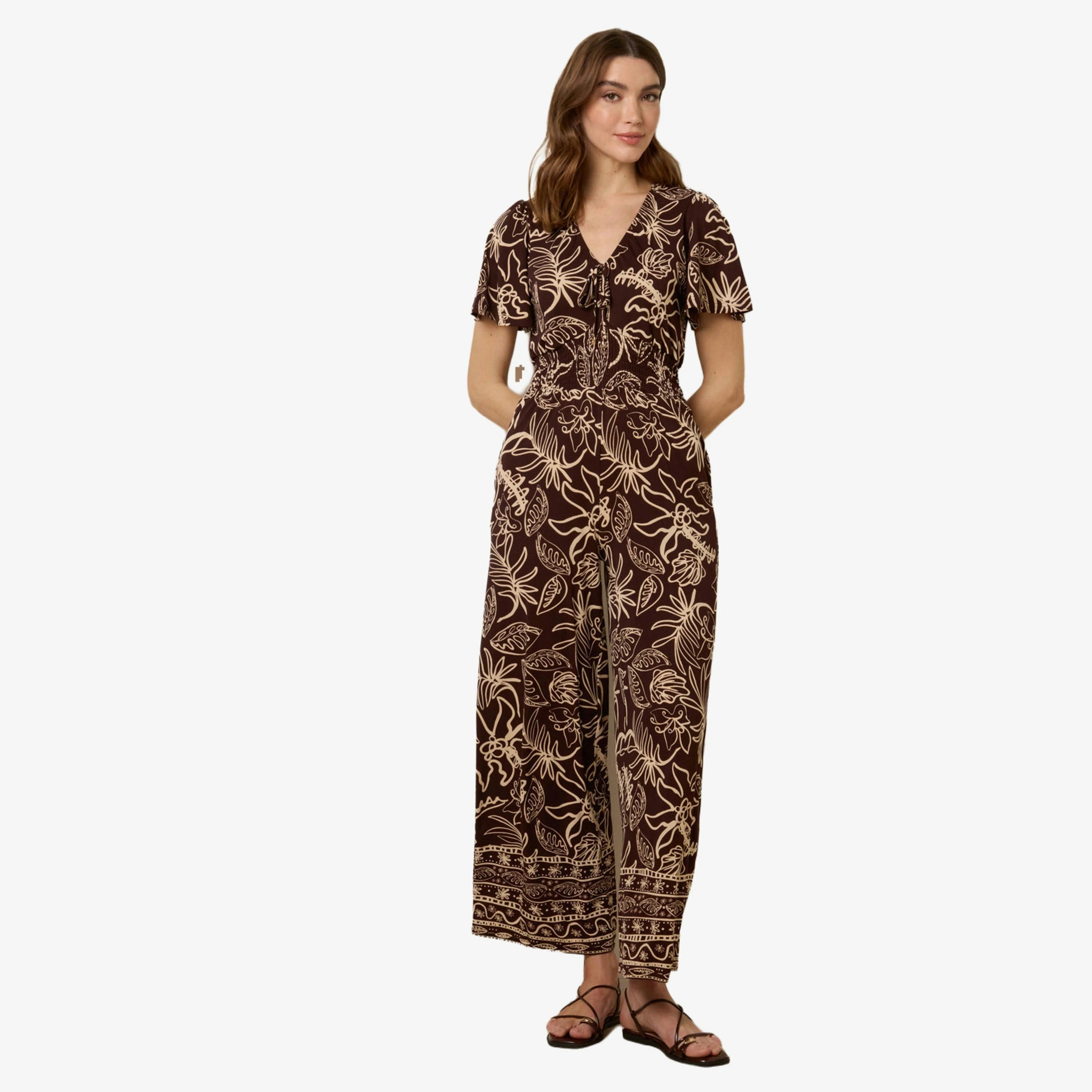 Blue Vanilla Tropical Print Shirred Waist Elasticated Round Neck Jumpsuit   in  Brown , view 1 of 4